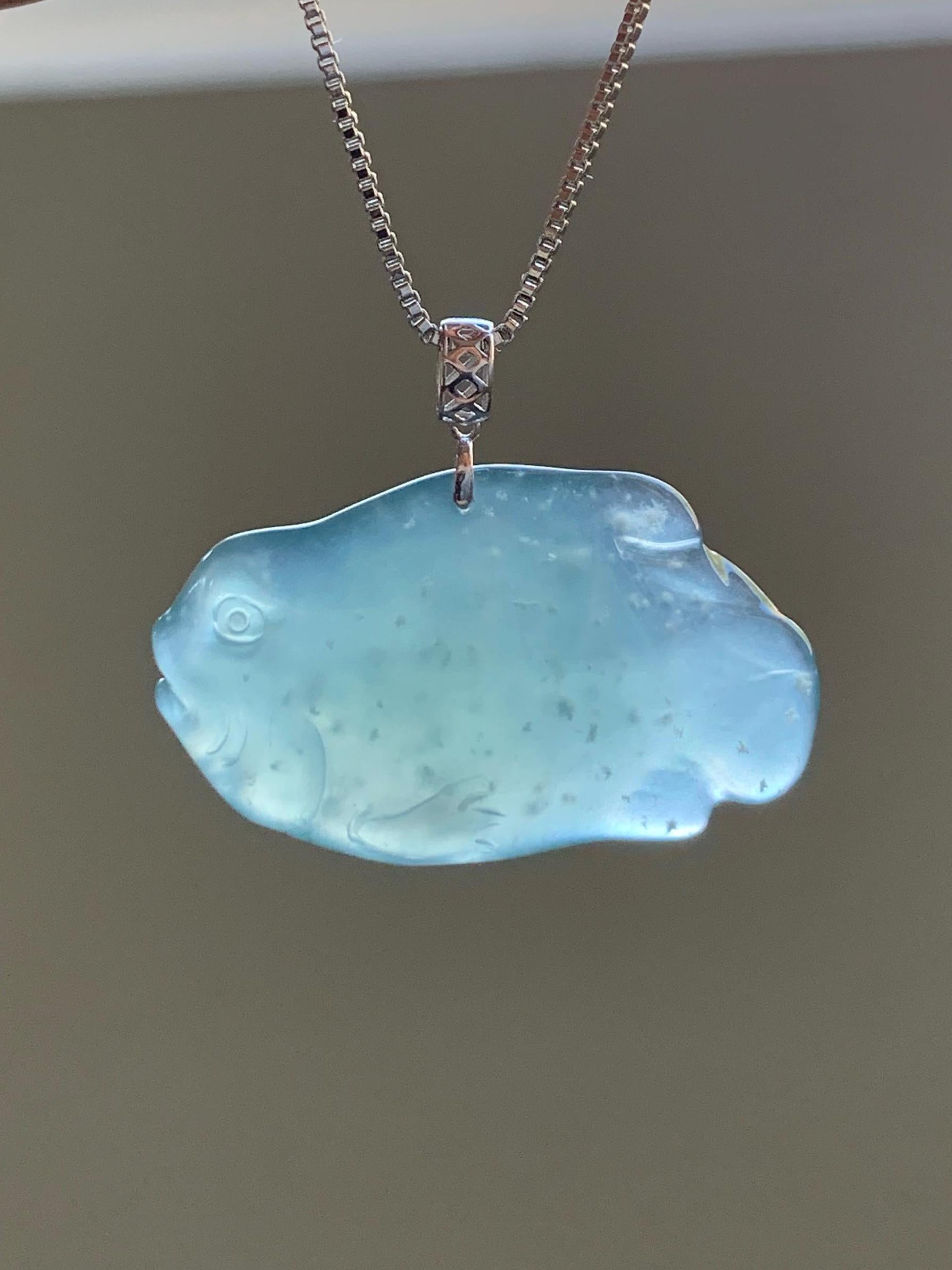 Natural Grade A Guatemalan Icy Translucent Gelatinous Old Mine Teal Blue Jadeite Fish Pendant 18K White Gold 5g 天然老种冰胶危蓝翡翠鱼镶嵌吊坠 B
