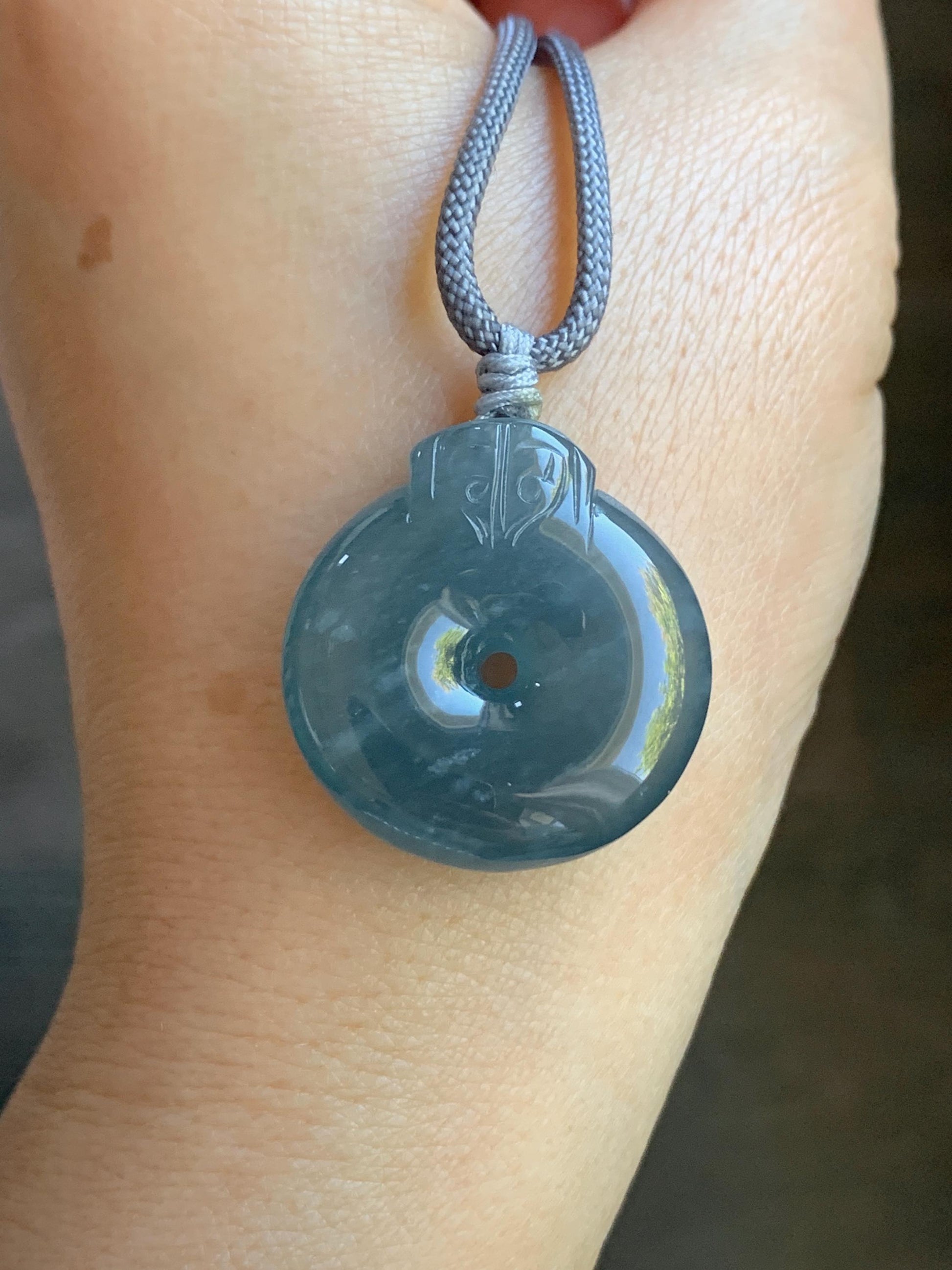 Natural Guatemalan Icy Highly Translucent Indigo Blue Blueberry Jadeite Retro Style Ping An Kou Donut Pendant Rope Necklace 天然老种冰危蓝莓翡翠平安扣吊坠