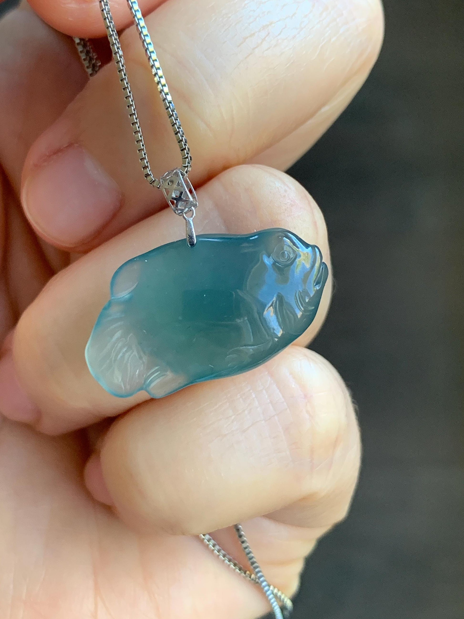 Natural Grade A Guatemalan Icy Translucent Gelatinous Old Mine Teal Blue Jadeite Fish Pendant 18K White Gold 4g 天然老种冰胶危蓝翡翠鱼镶嵌吊坠 A