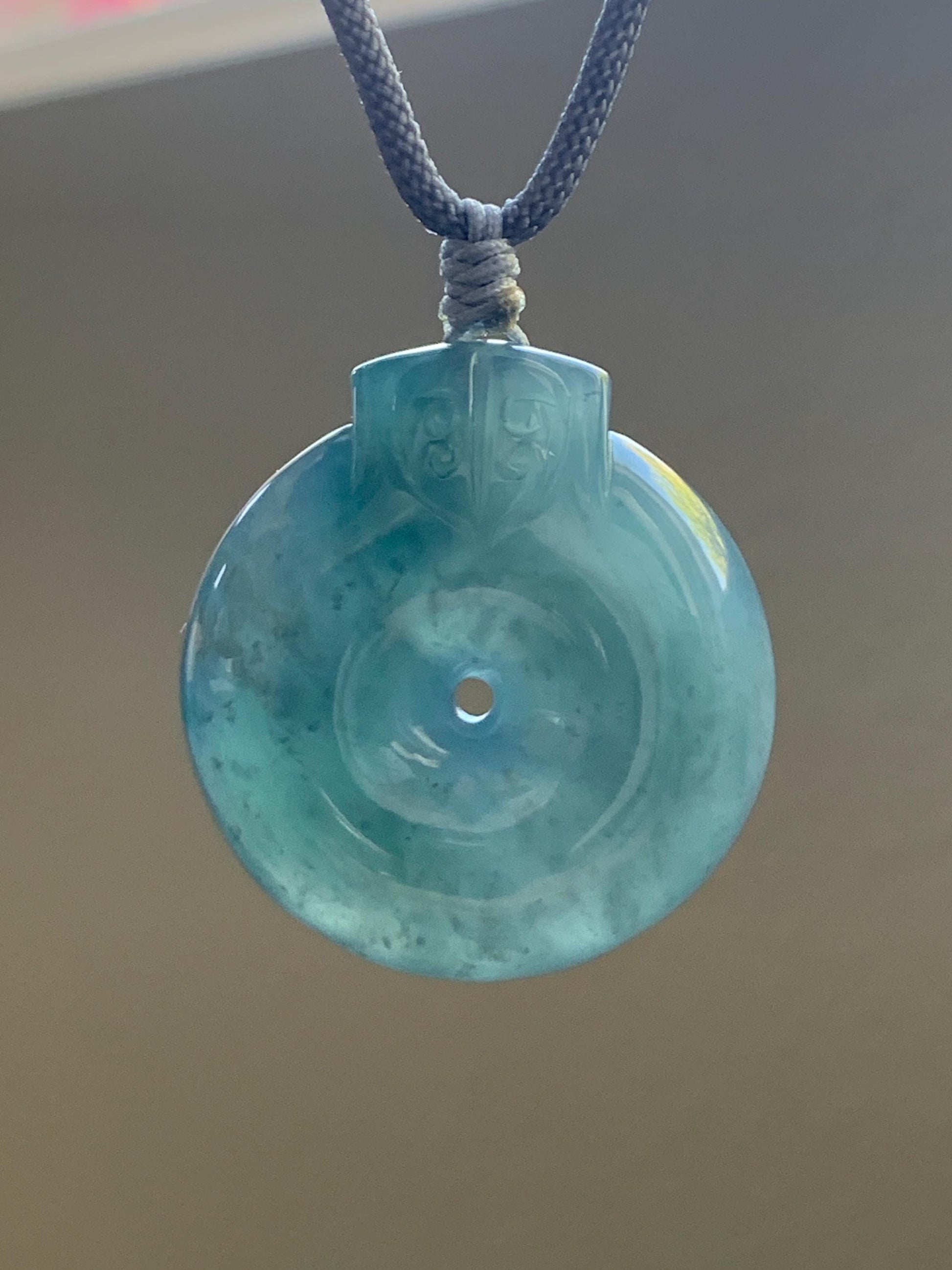 Large Natural Guatemalan Icy Translucent Indigo Blue Blueberry Jadeite Retro Style Ping An Kou Donut Pendant Rope Necklace 天然老种冰危蓝莓翡翠平安扣吊坠