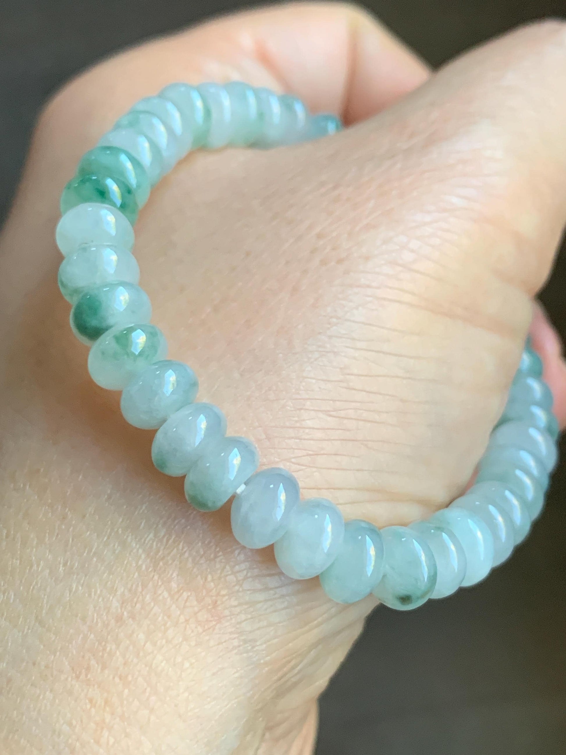 Natural Burmese Icy Translucent Light Green Teal Green Marbled Jadeite Drum Beads Beaded Bracelet Stretchy 6” 15g 天然缅甸冰胶晴色飘花翡翠鼓珠手串 DH919