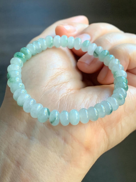Natural Burmese Icy Translucent Light Green Teal Green Marbled Jadeite Drum Beads Beaded Bracelet Stretchy 6” 15g 天然缅甸冰胶晴色飘花翡翠鼓珠手串 DH919