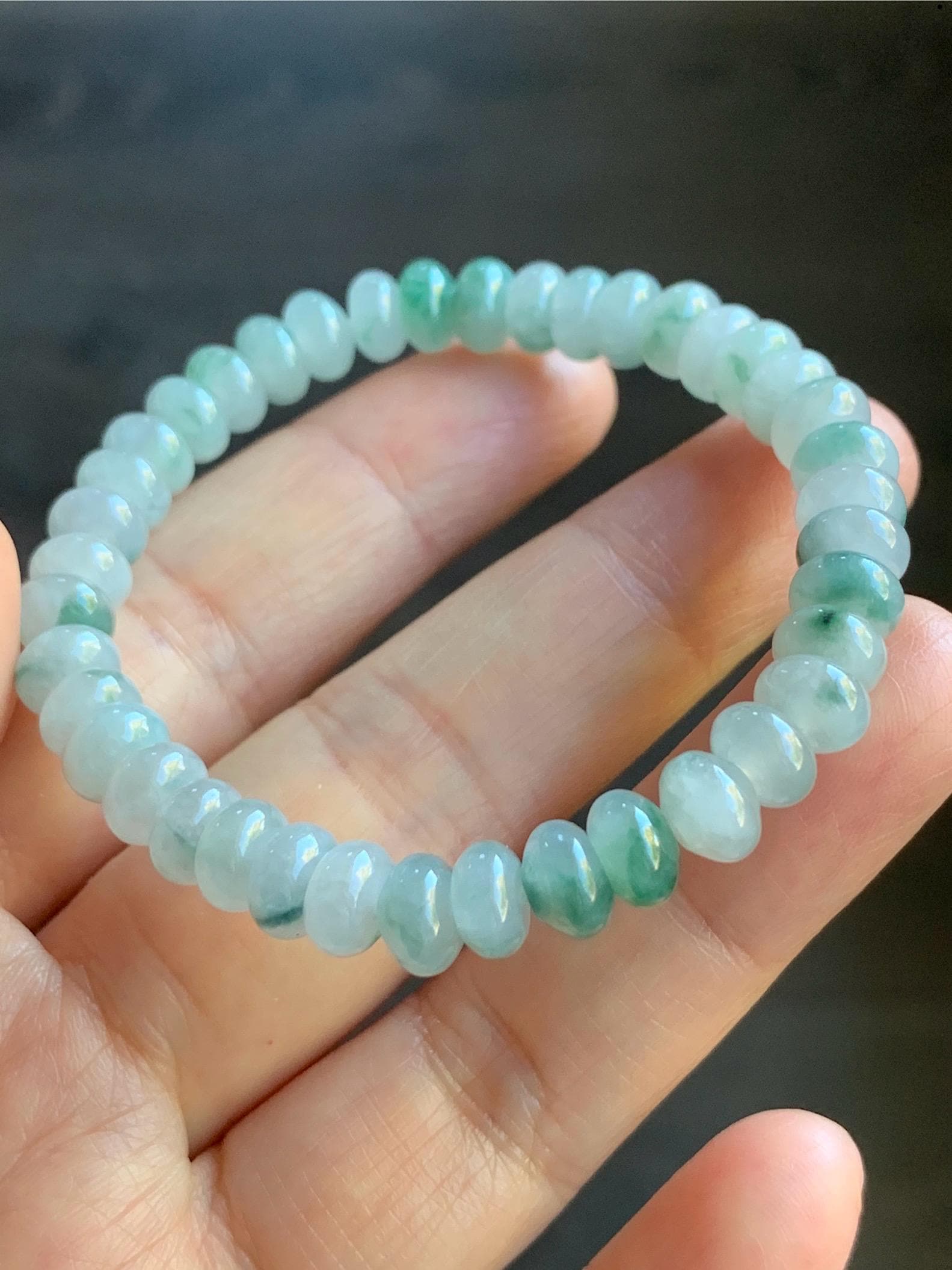 Natural Burmese Icy Translucent Light Green Teal Green Marbled Jadeite Drum Beads Beaded Bracelet Stretchy 6” 15g 天然缅甸冰胶晴色飘花翡翠鼓珠手串 DH919