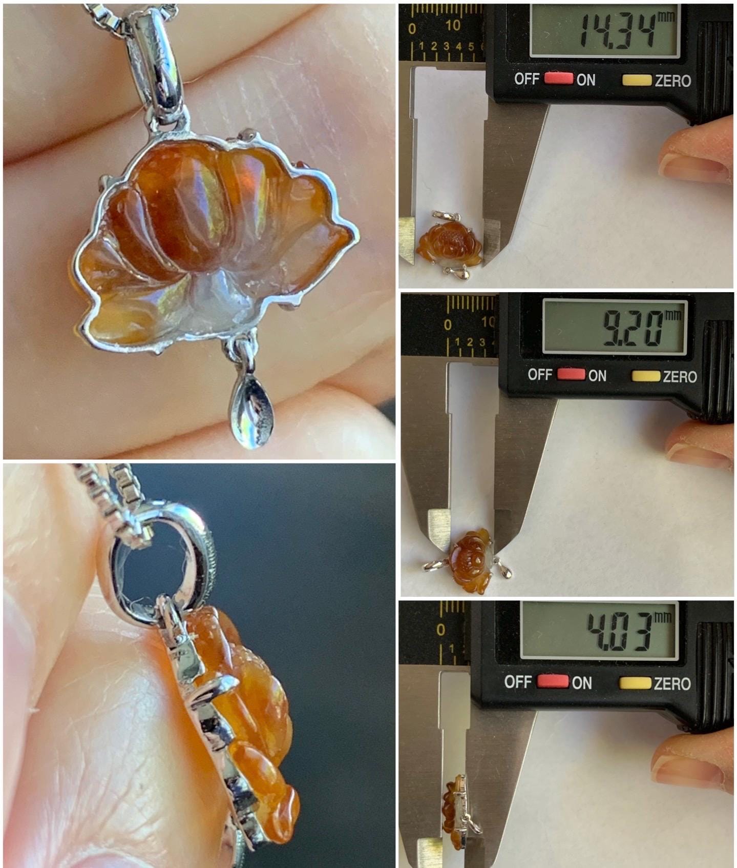 Certified Natural Burmese Icy Translucent Rich Cognac Jadeite Carved Lotus Flower Petite Pendant 18K White Gold 1g 天然缅甸冰红翡翠莲花镶嵌吊坠 3030