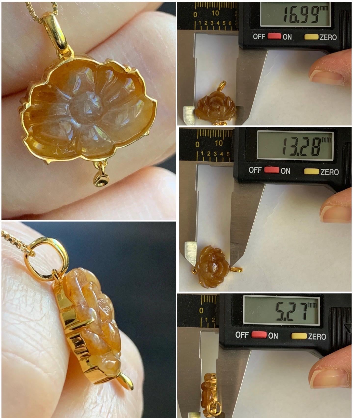 Certified Natural Burmese Icy Translucent Intense Rich Yellow Jadeite Carved Lotus Flower Pendant 18K Yellow Gold 2.32g 天然缅甸冰黄翡翠莲花镶嵌吊坠 3031
