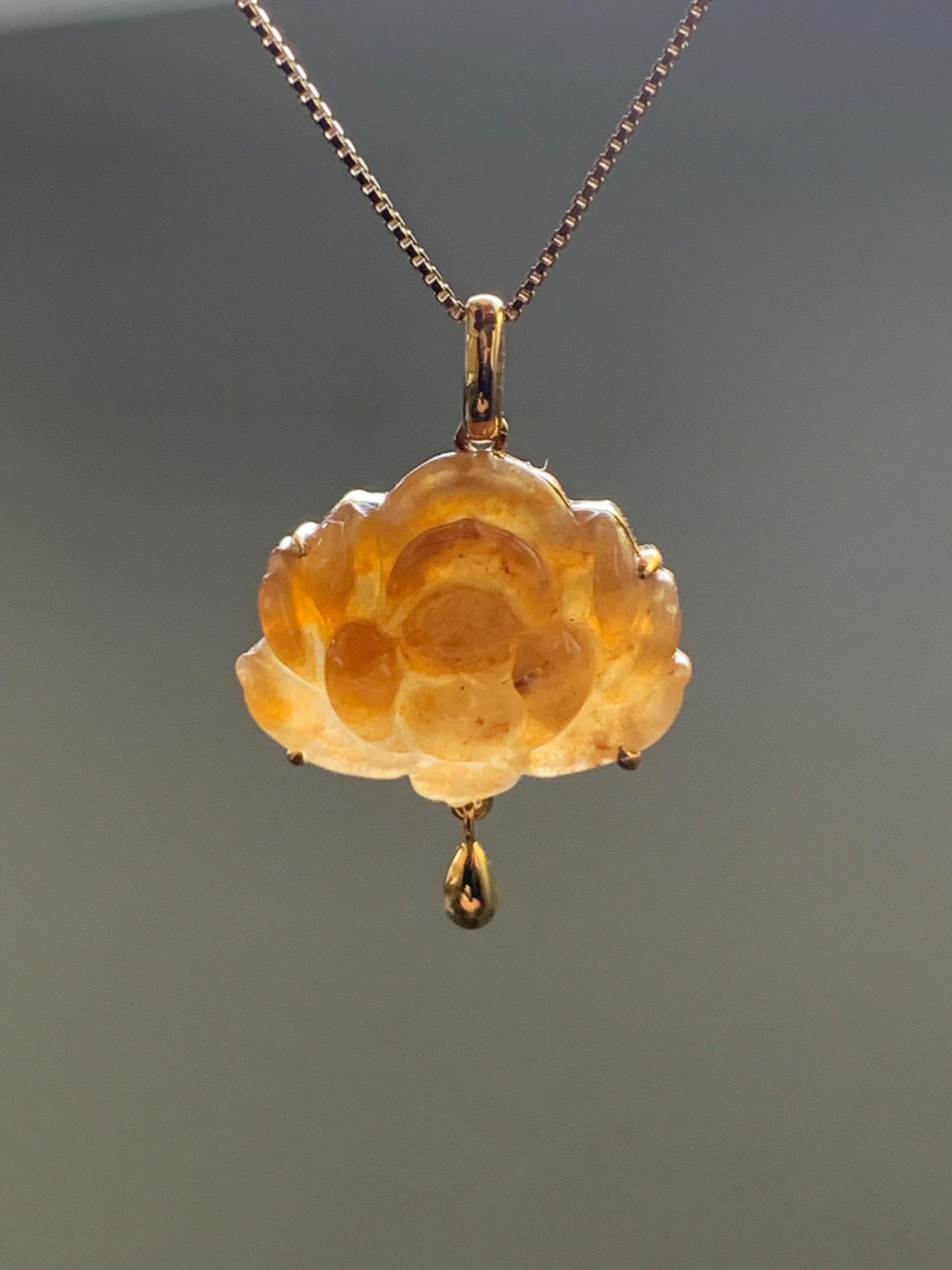 Certified Natural Burmese Icy Translucent Intense Rich Yellow Jadeite Carved Lotus Flower Pendant 18K Yellow Gold 2.32g 天然缅甸冰黄翡翠莲花镶嵌吊坠 3031