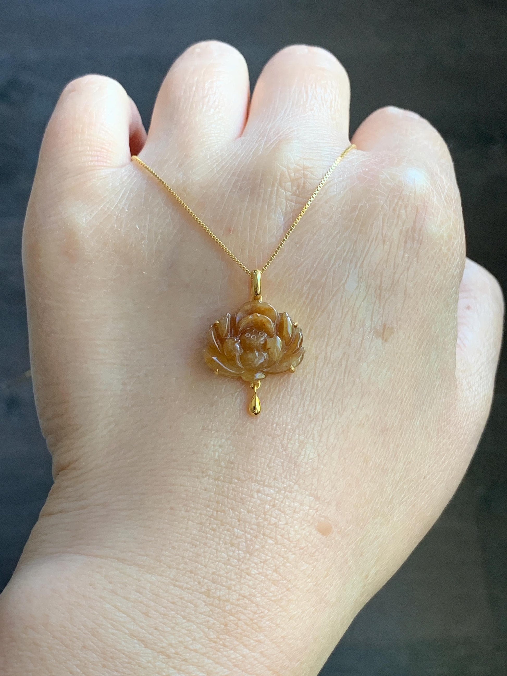 Certified Natural Burmese Icy Translucent Intense Rich Yellow Jadeite Carved Lotus Flower Pendant 18K Yellow Gold 2.32g 天然缅甸冰黄翡翠莲花镶嵌吊坠 3031