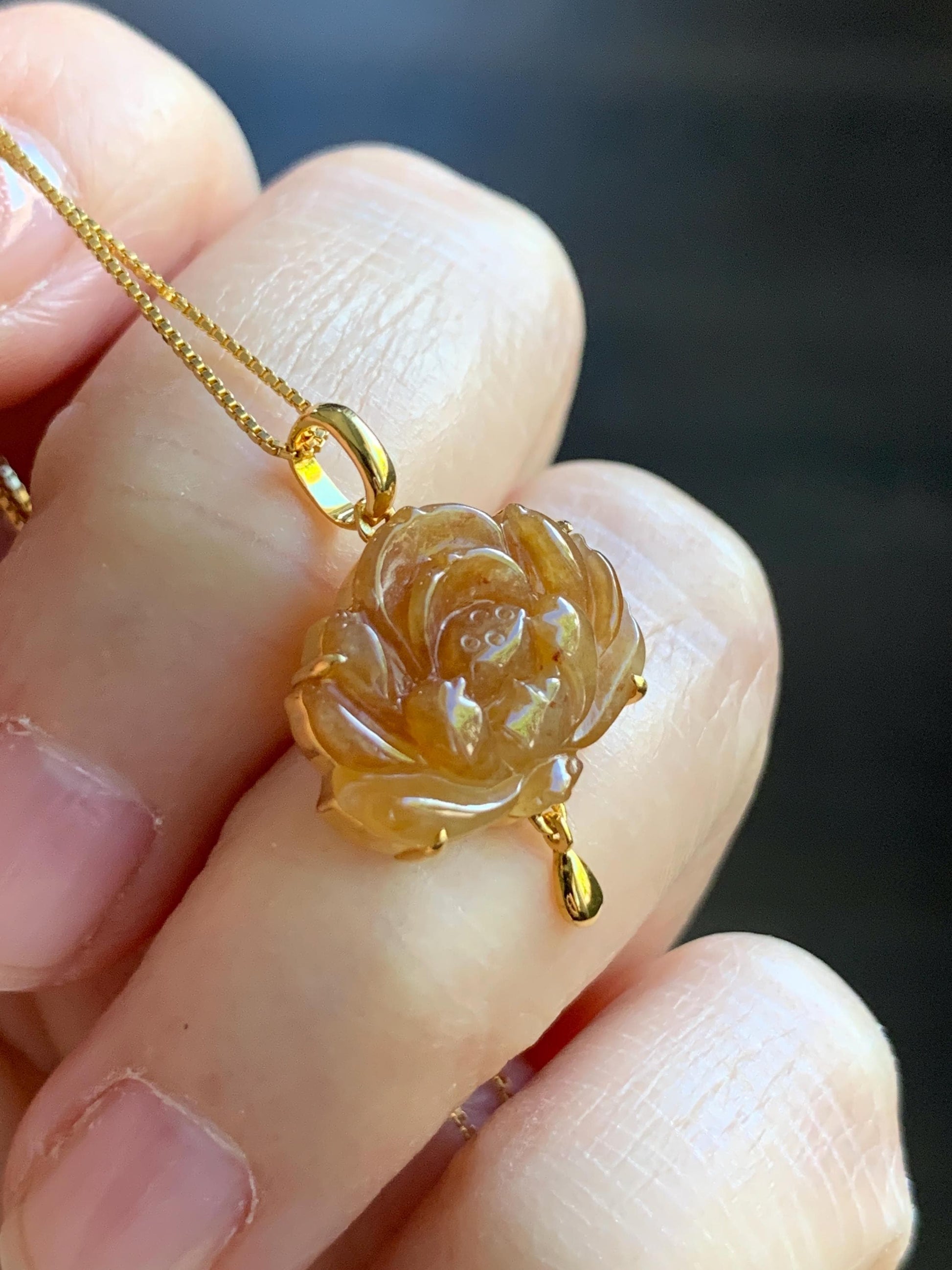 Certified Natural Burmese Icy Translucent Intense Rich Yellow Jadeite Carved Lotus Flower Pendant 18K Yellow Gold 2.32g 天然缅甸冰黄翡翠莲花镶嵌吊坠 3031