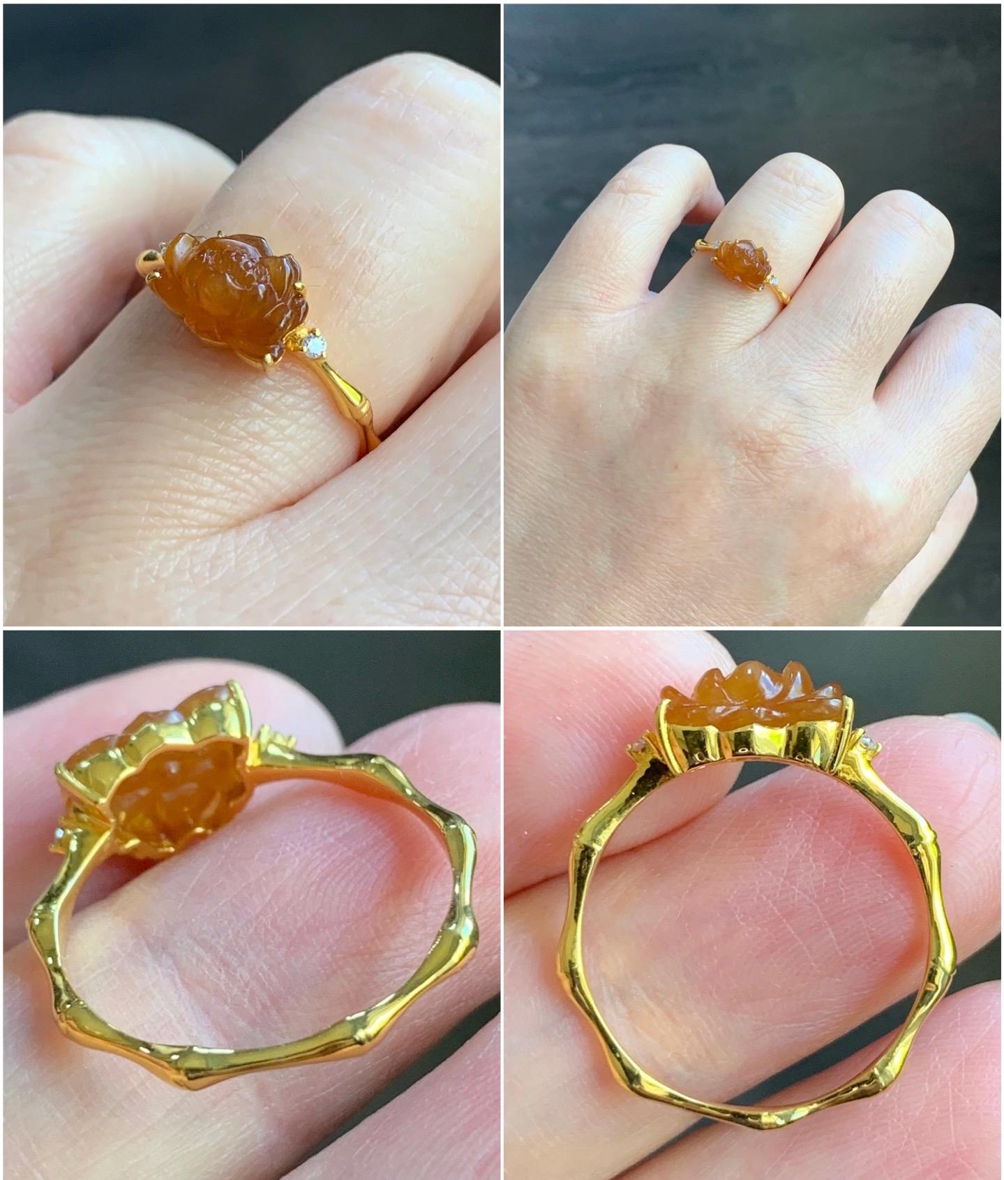 Certified Natural Burmese Icy Translucent Rich Cognac Jadeite Lotus Flower Ring 18K Yellow Gold Diamonds Size 7.25 US 2g 天然缅甸冰红翡翠莲花镶嵌戒指 3043
