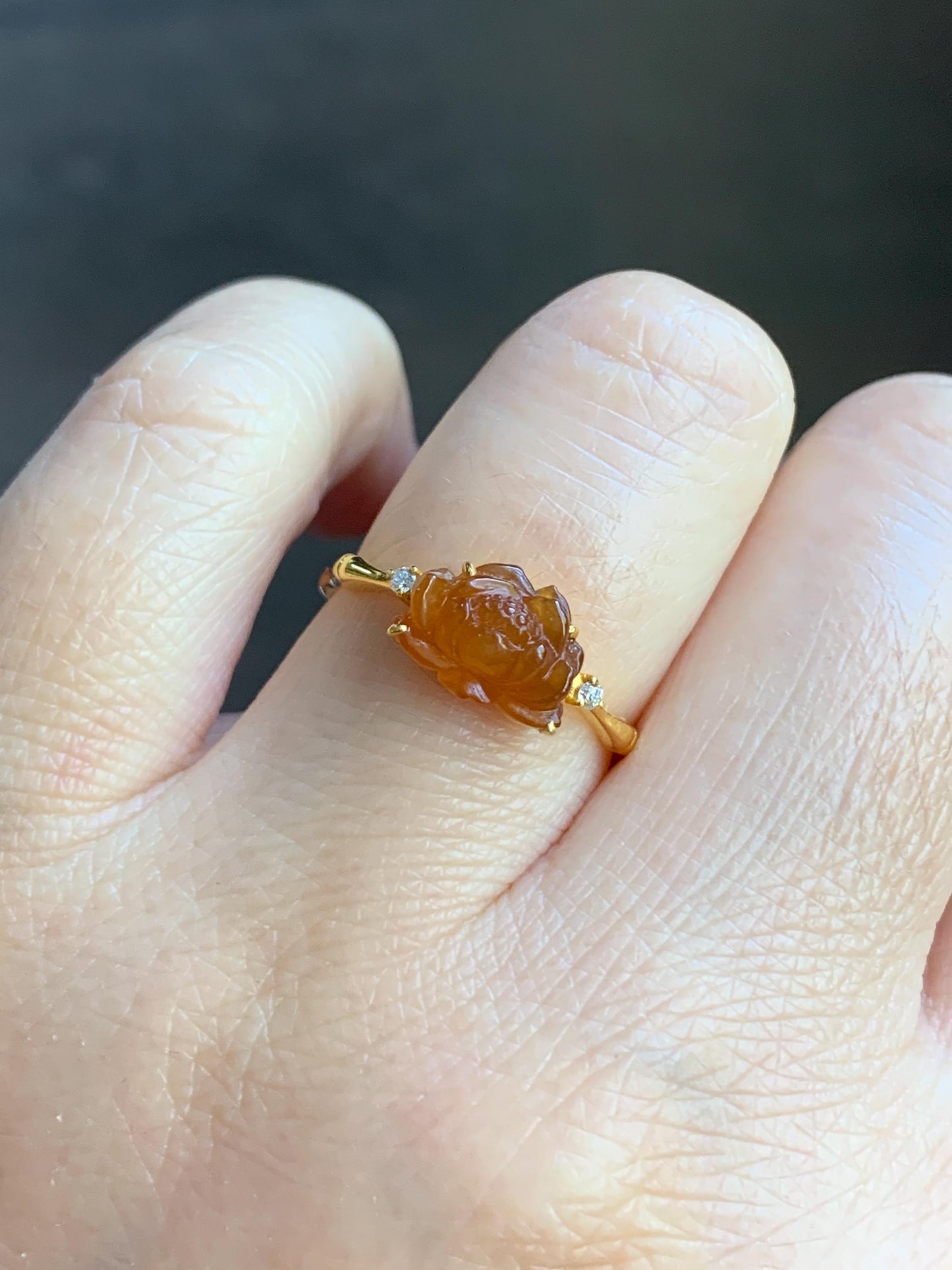 Certified Natural Burmese Icy Translucent Rich Cognac Jadeite Lotus Flower Ring 18K Yellow Gold Diamonds Size 7.25 US 2g 天然缅甸冰红翡翠莲花镶嵌戒指 3043