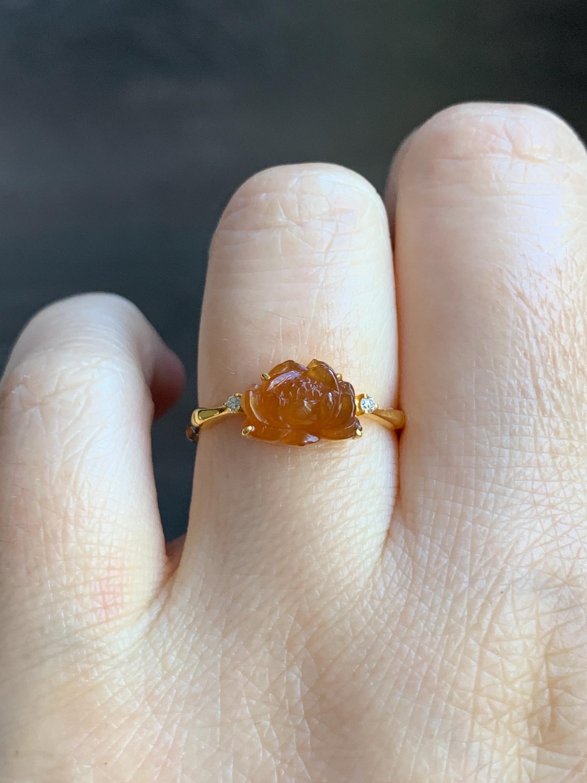 Certified Natural Burmese Icy Translucent Rich Cognac Jadeite Lotus Flower Ring 18K Yellow Gold Diamonds Size 7.25 US 2g 天然缅甸冰红翡翠莲花镶嵌戒指 3043