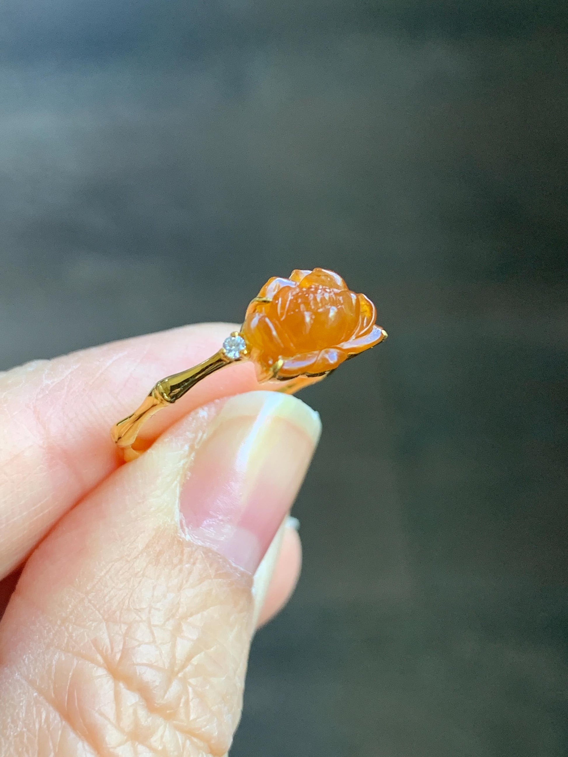 Certified Natural Burmese Icy Translucent Rich Cognac Jadeite Lotus Flower Ring 18K Yellow Gold Diamonds Size 7.25 US 2g 天然缅甸冰红翡翠莲花镶嵌戒指 3043