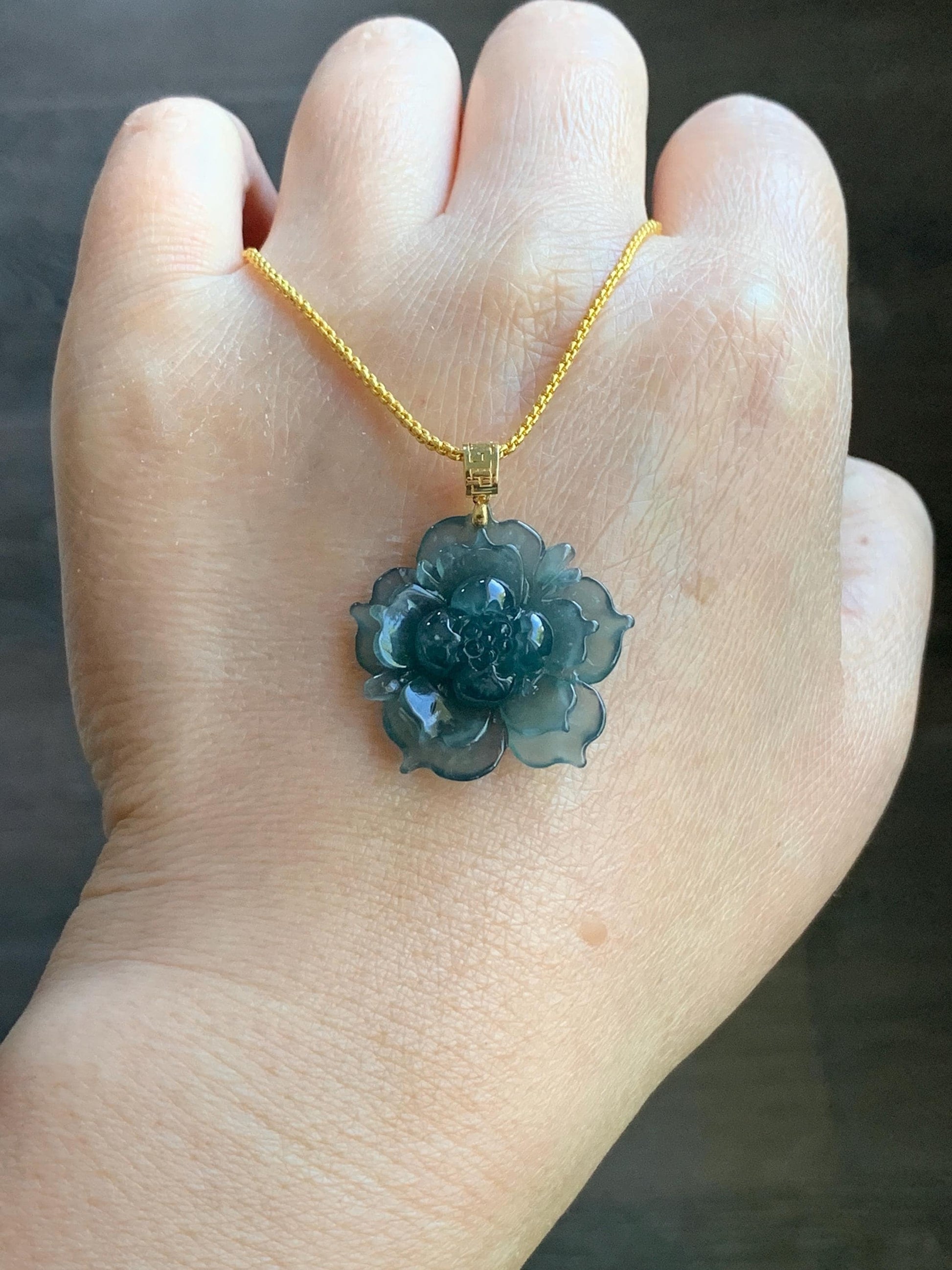 Natural Guatemalan Icy Highly Translucent Dark Teal Blue Jadeite Lotus Flower Pendant 18K Yellow Gold 5g 天然冰胶危起光深蓝翡翠莲花镶嵌吊坠