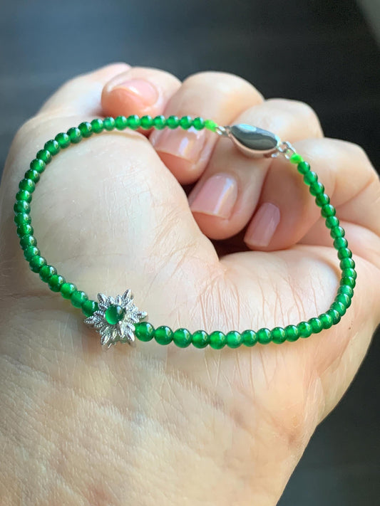 Natural Guatemalan Icy Highly Translucent Vibrant Green Jadeite Petite Beads Snowflake Beaded Bracelet 7” Sterling Silver 天然高冰危绿翡翠小圆珠雪花潘多拉手串