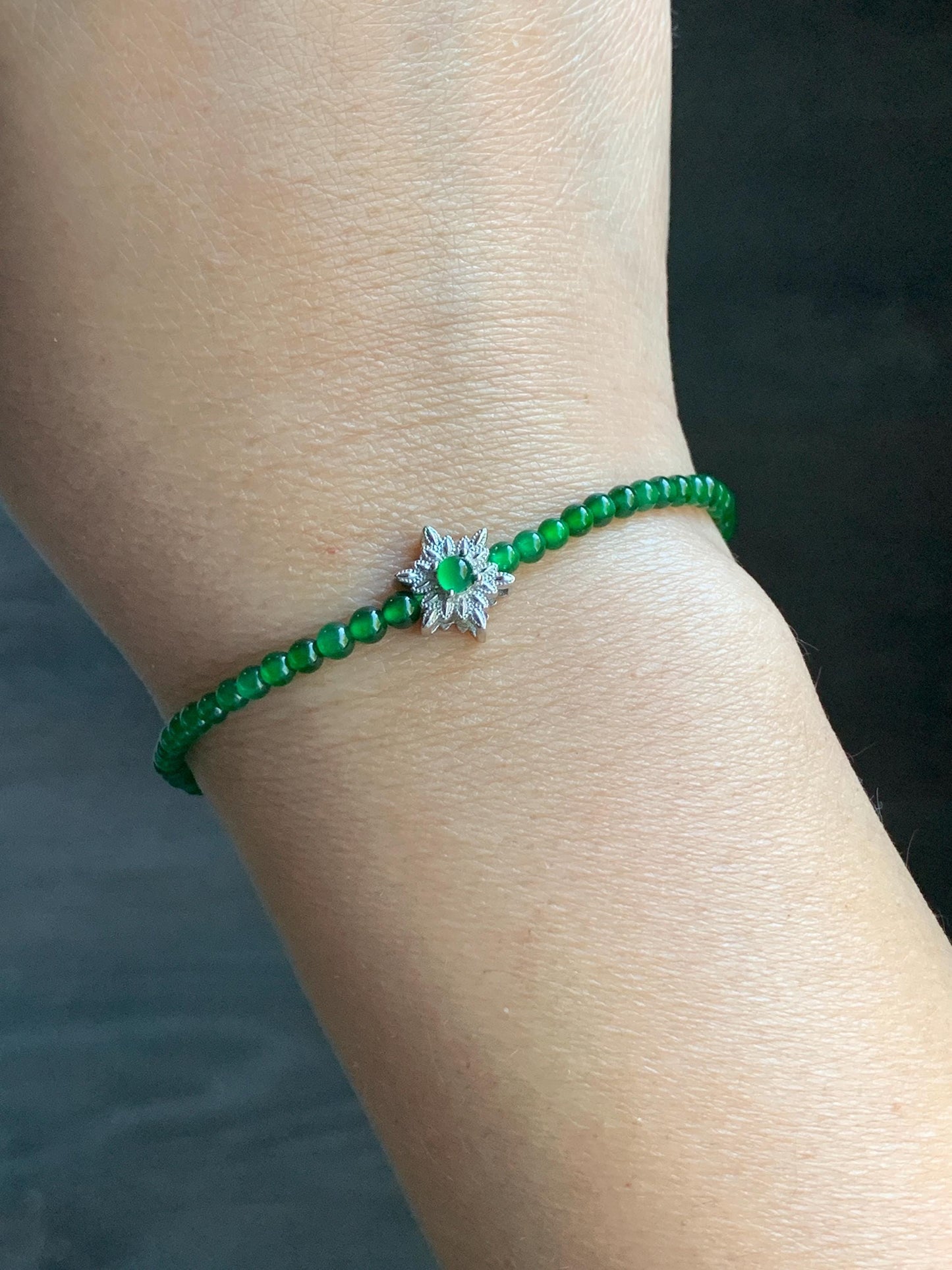 Natural Guatemalan Icy Highly Translucent Vibrant Green Jadeite Petite Beads Snowflake Beaded Bracelet 7” Sterling Silver 天然高冰危绿翡翠小圆珠雪花潘多拉手串
