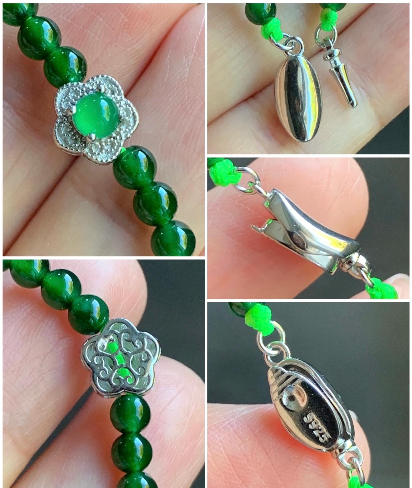 Natural Guatemalan Icy Translucent Vibrant Jadeite Petite Beads Cherry Blossom Charm Beaded Bracelet 6.75” Sterling Silver 天然冰危绿翡翠小圆珠梅花潘多拉手串