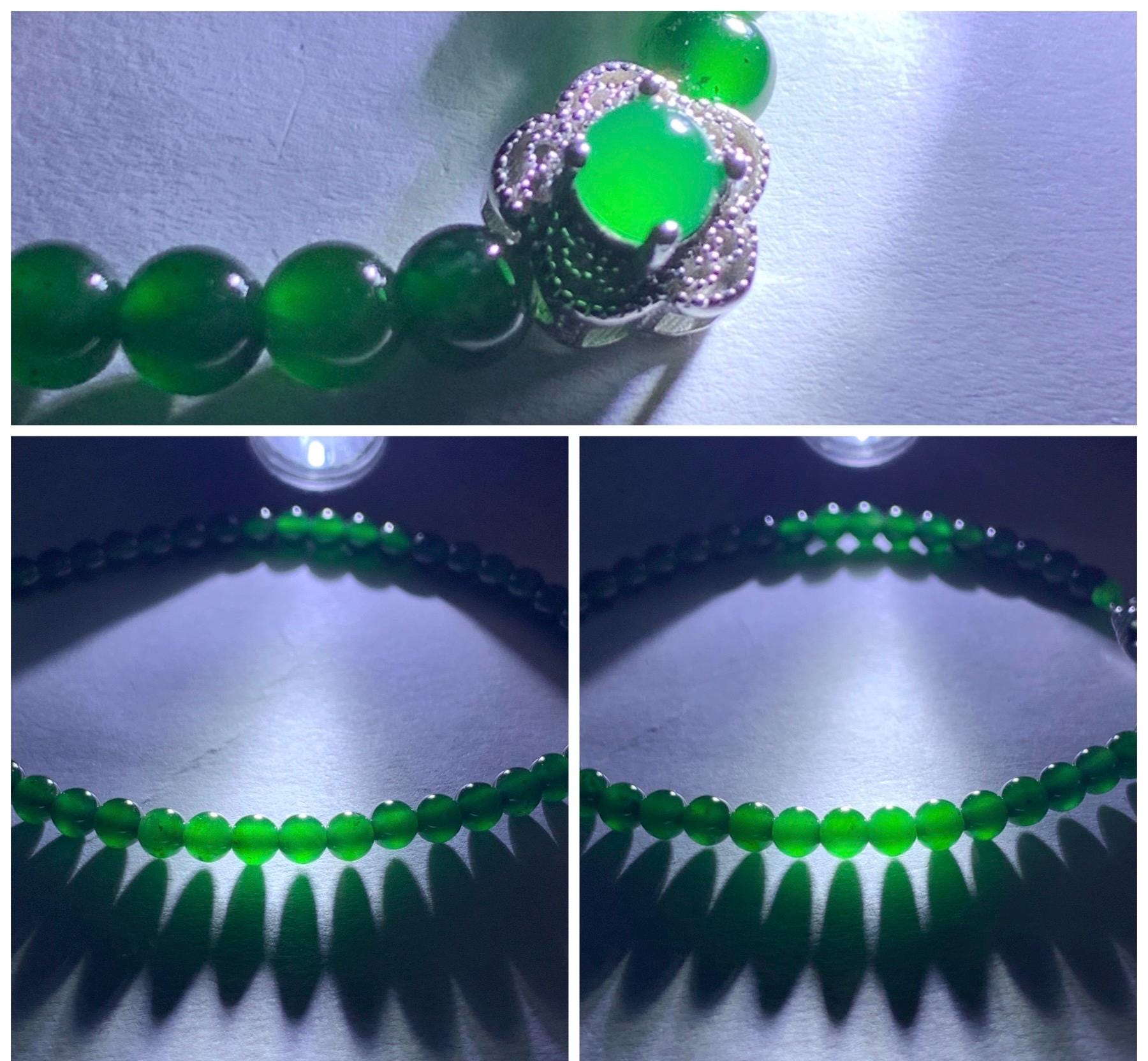 Natural Guatemalan Icy Translucent Vibrant Jadeite Petite Beads Cherry Blossom Charm Beaded Bracelet 6.75” Sterling Silver 天然冰危绿翡翠小圆珠梅花潘多拉手串