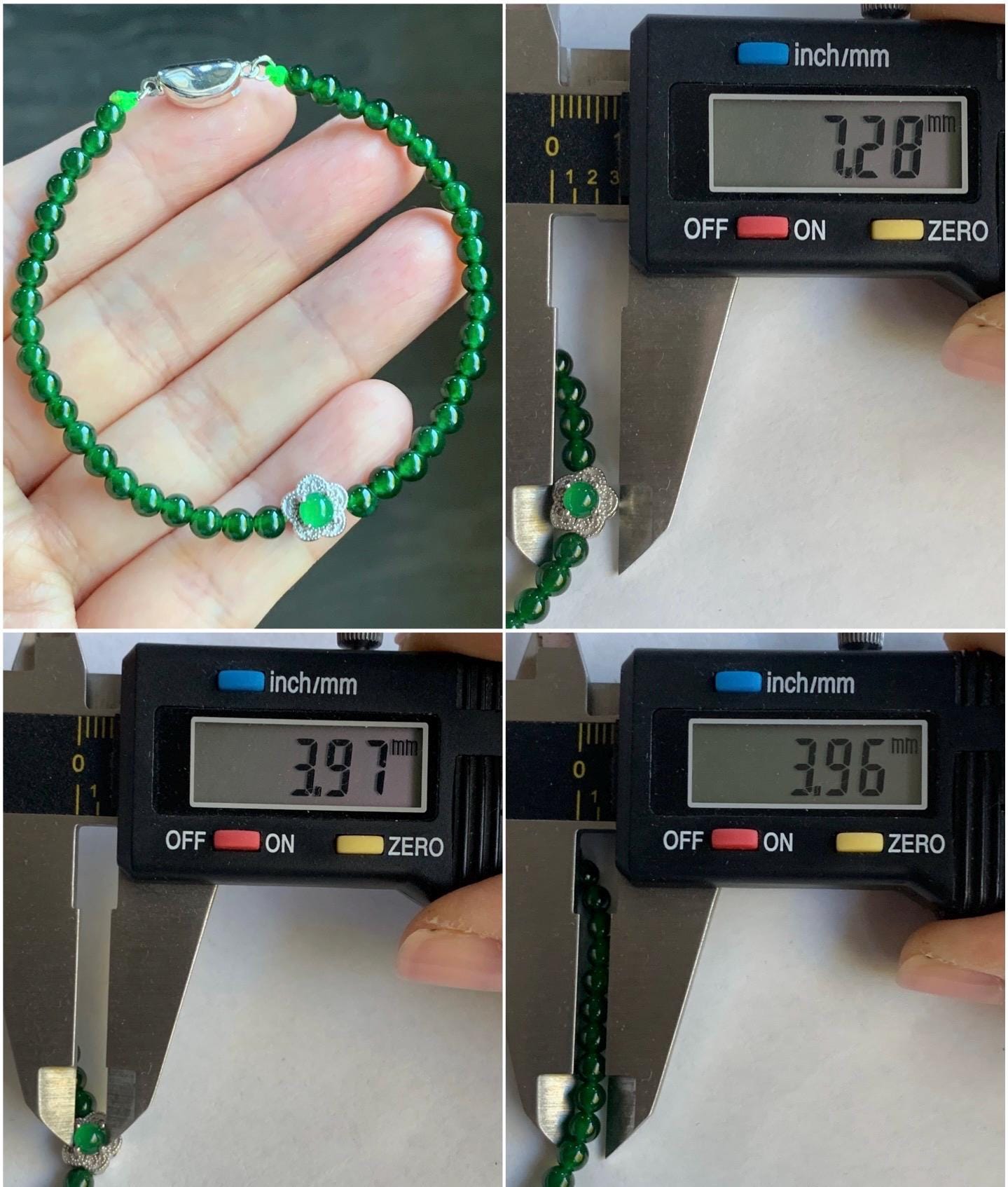 Natural Guatemalan Icy Translucent Vibrant Jadeite Petite Beads Cherry Blossom Charm Beaded Bracelet 6.75” Sterling Silver 天然冰危绿翡翠小圆珠梅花潘多拉手串