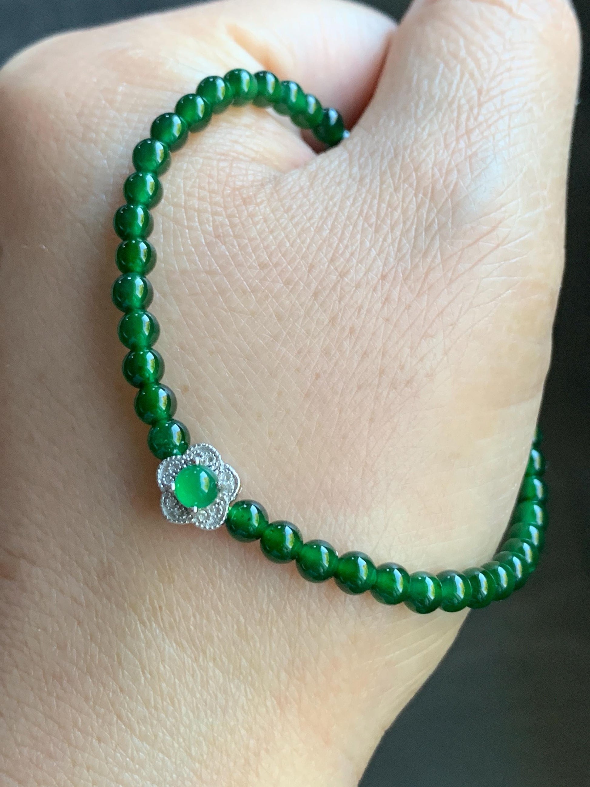 Natural Guatemalan Icy Translucent Vibrant Jadeite Petite Beads Cherry Blossom Charm Beaded Bracelet 6.75” Sterling Silver 天然冰危绿翡翠小圆珠梅花潘多拉手串