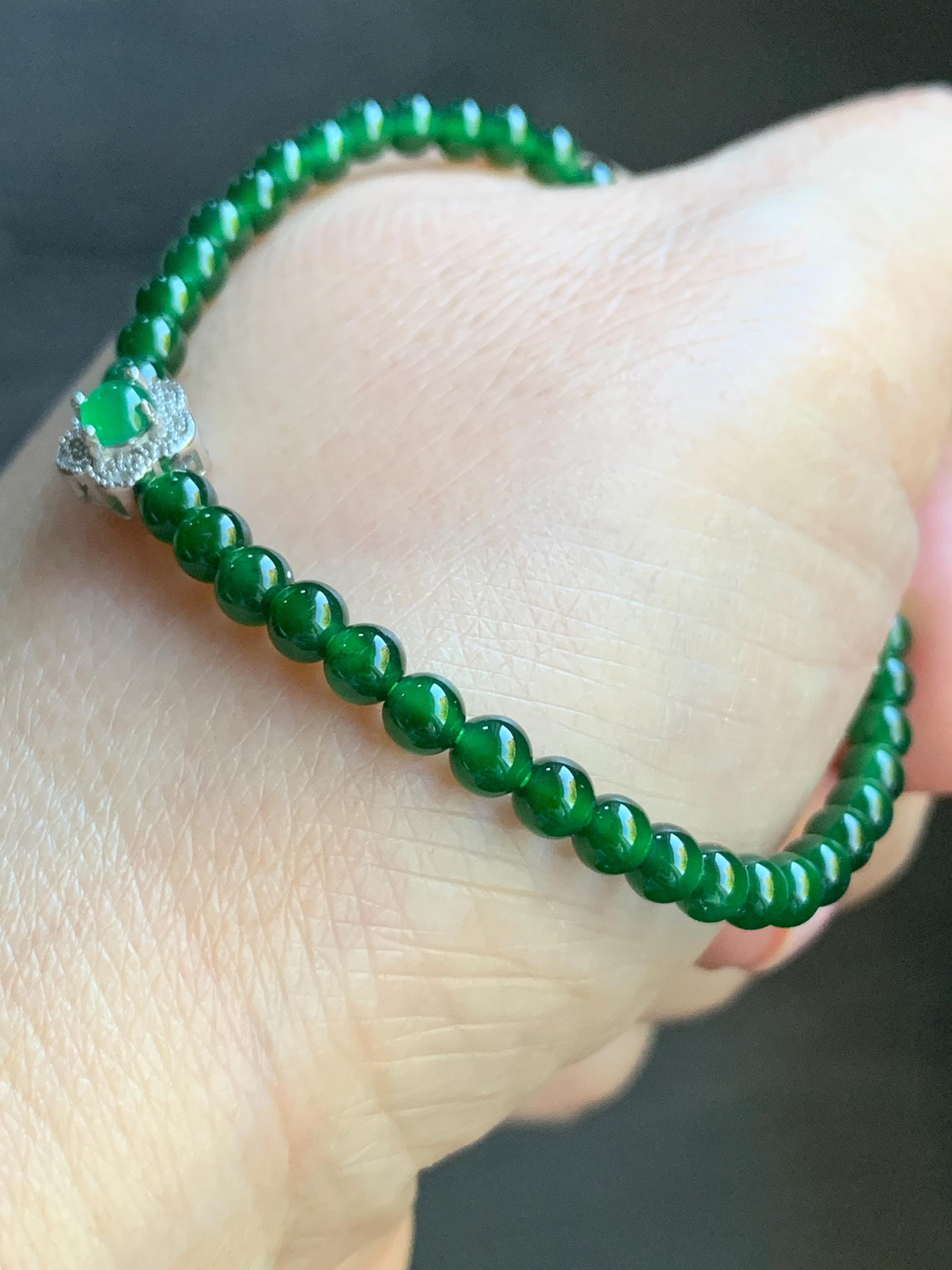 Natural Guatemalan Icy Translucent Vibrant Jadeite Petite Beads Cherry Blossom Charm Beaded Bracelet 6.75” Sterling Silver 天然冰危绿翡翠小圆珠梅花潘多拉手串