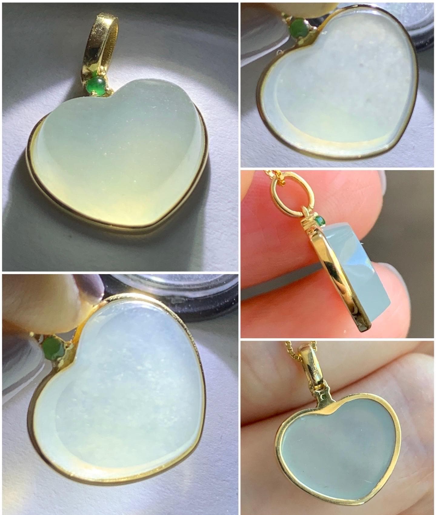Certified Natural Burmese grade A Icy Translucent Light Green Jadeite Faceted Heart Pendant 18K Yellow Gold 2g 天然缅甸冰晴底翡翠爱心镶嵌吊坠 3026