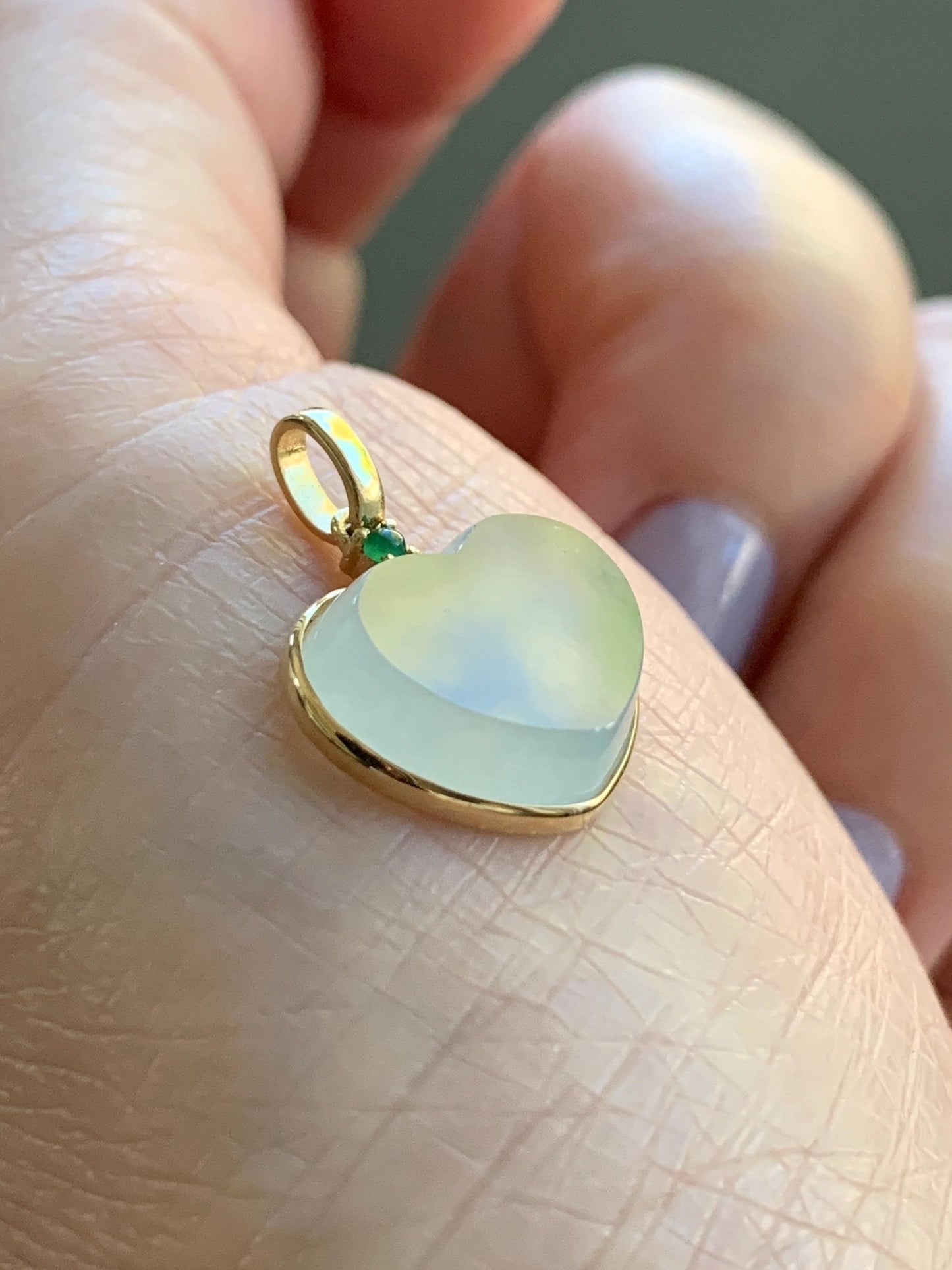 Certified Natural Burmese grade A Icy Translucent Light Green Jadeite Faceted Heart Pendant 18K Yellow Gold 2g 天然缅甸冰晴底翡翠爱心镶嵌吊坠 3026