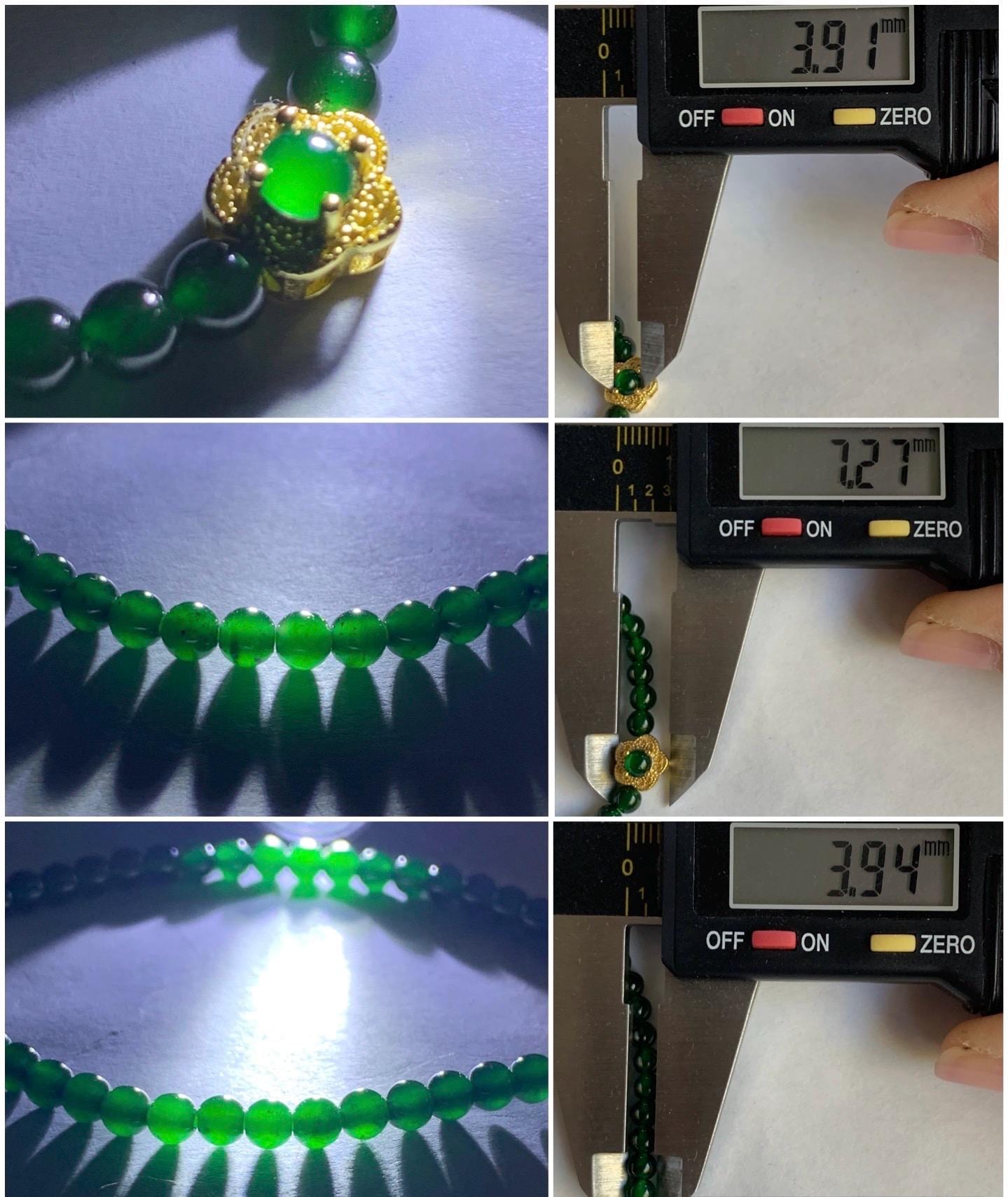 Natural Guatemalan Icy Translucent Vibrant Jadeite Petite Beads Cherry Blossom Charm Beaded Bracelet 6.75” Sterling Silver 天然冰危绿翡翠小圆珠梅花潘多拉手串