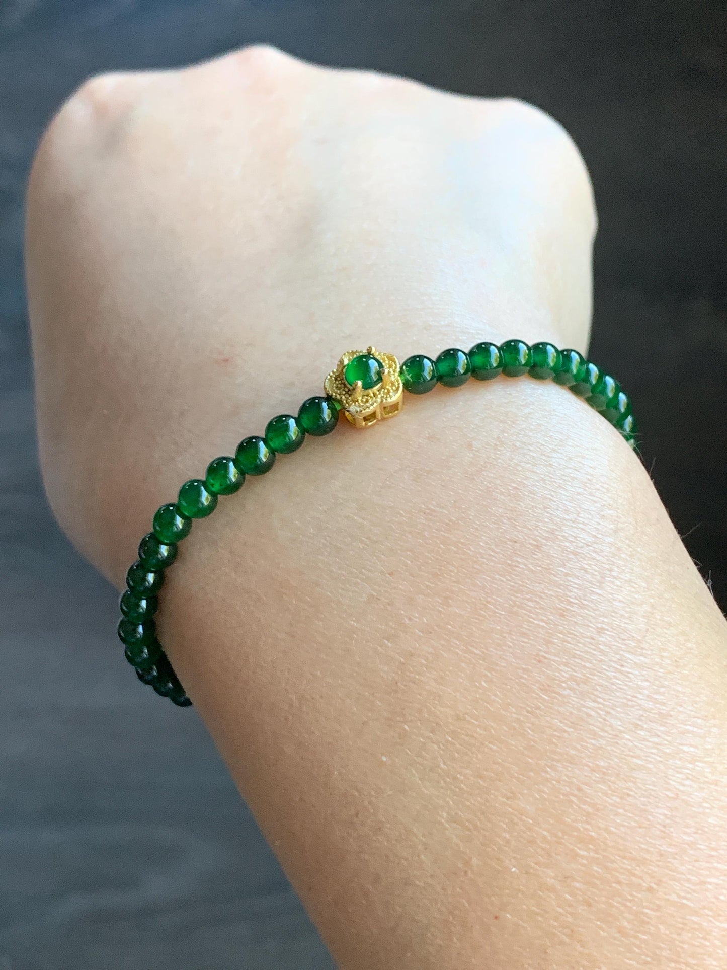 Natural Guatemalan Icy Translucent Vibrant Jadeite Petite Beads Cherry Blossom Charm Beaded Bracelet 6.75” Sterling Silver 天然冰危绿翡翠小圆珠梅花潘多拉手串