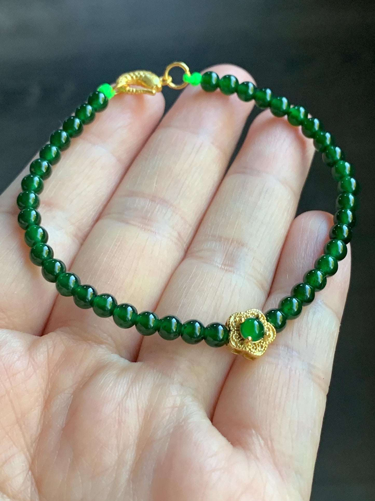 Natural Guatemalan Icy Translucent Vibrant Jadeite Petite Beads Cherry Blossom Charm Beaded Bracelet 6.75” Sterling Silver 天然冰危绿翡翠小圆珠梅花潘多拉手串