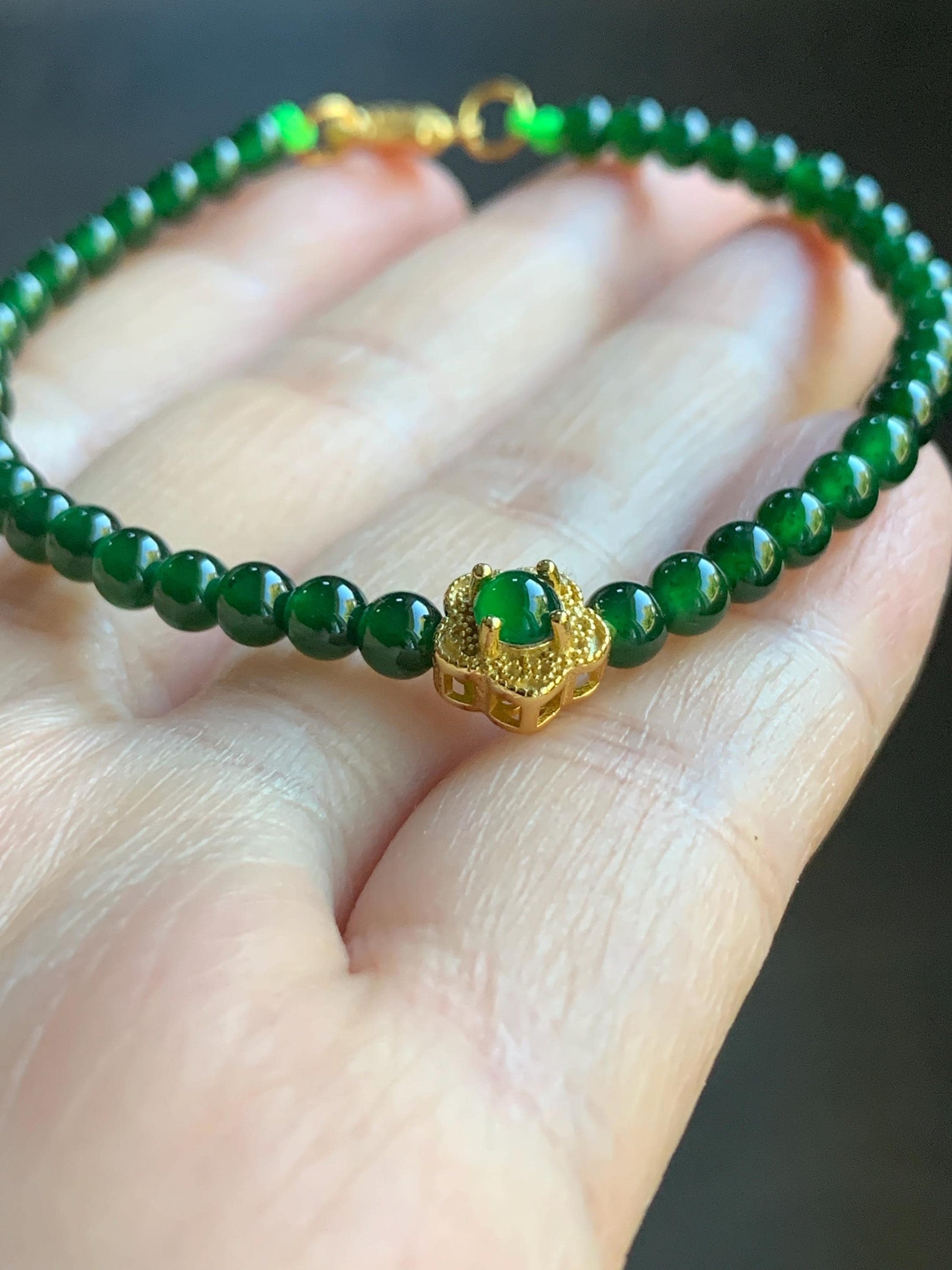 Natural Guatemalan Icy Translucent Vibrant Jadeite Petite Beads Cherry Blossom Charm Beaded Bracelet 6.75” Sterling Silver 天然冰危绿翡翠小圆珠梅花潘多拉手串