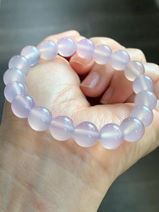 Natural Icy Highly Translucent Light Pinkish Purple Agate Large Beads Beaded Bracelet 10mm 26g 7” 天然高冰品质淡粉紫玛瑙圆珠手串 B