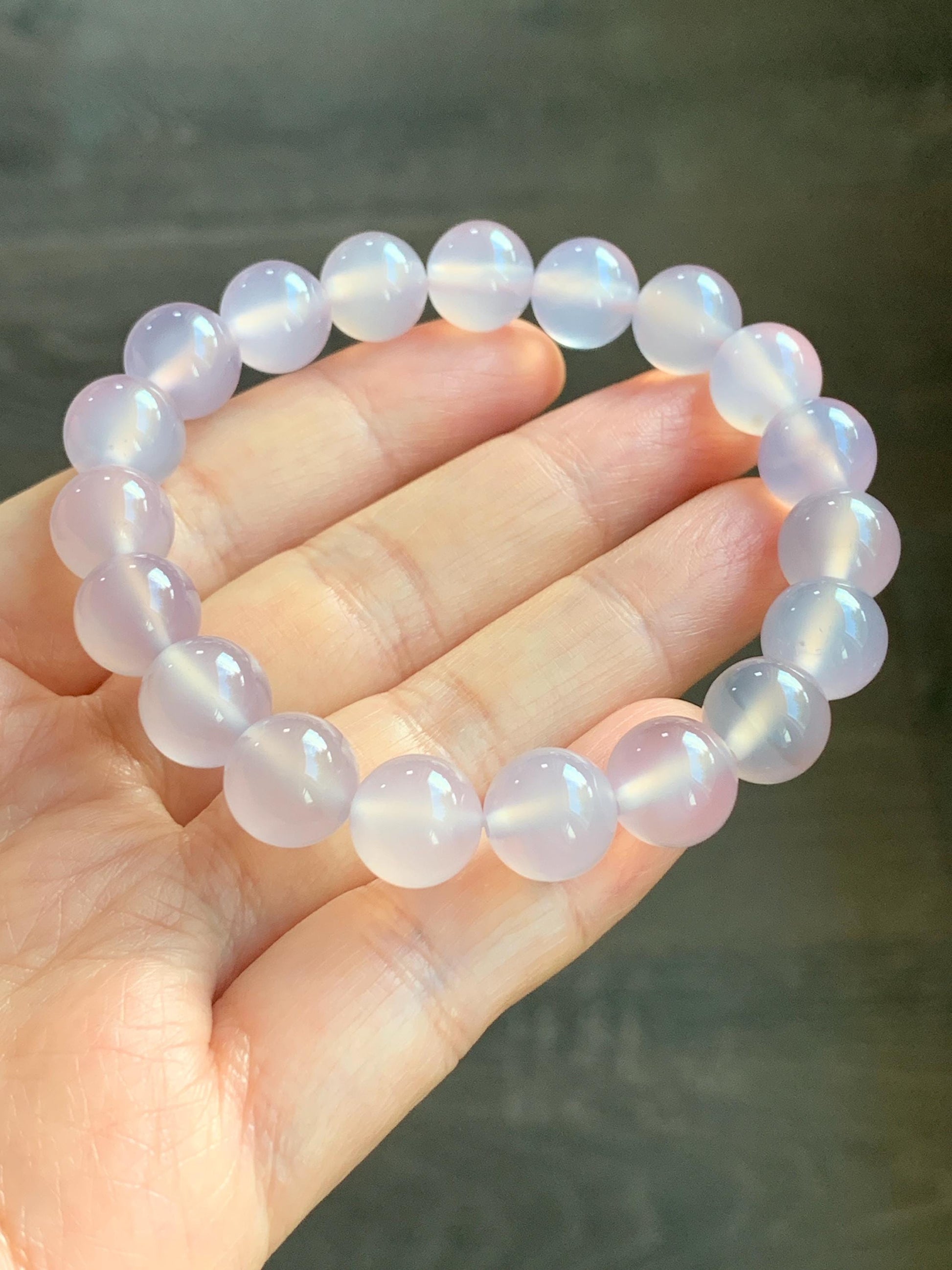 Natural Icy Highly Translucent Light Pinkish Purple Agate Large Beads Beaded Bracelet 10mm 26g 7” 天然高冰品质淡粉紫玛瑙圆珠手串 B