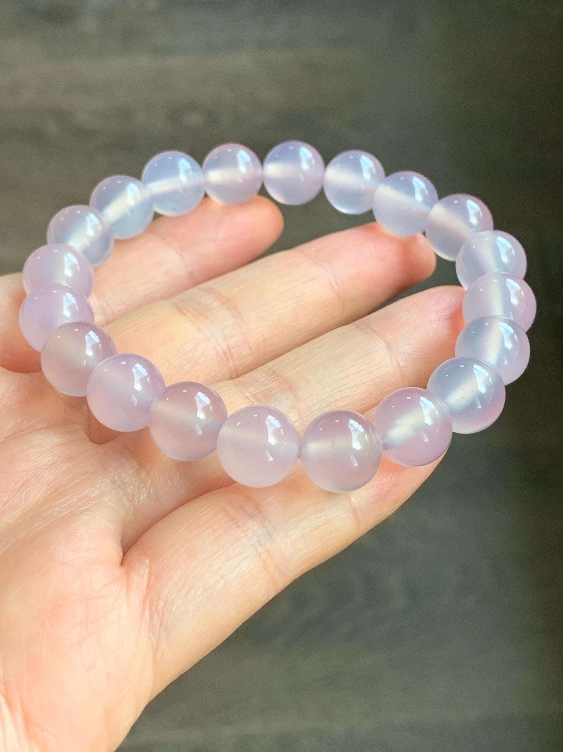 Natural Icy Highly Translucent Light Pinkish Purple Agate Large Beads Beaded Bracelet 10mm 28g 7.5” 天然高冰品质淡粉紫玛瑙圆珠手串 A