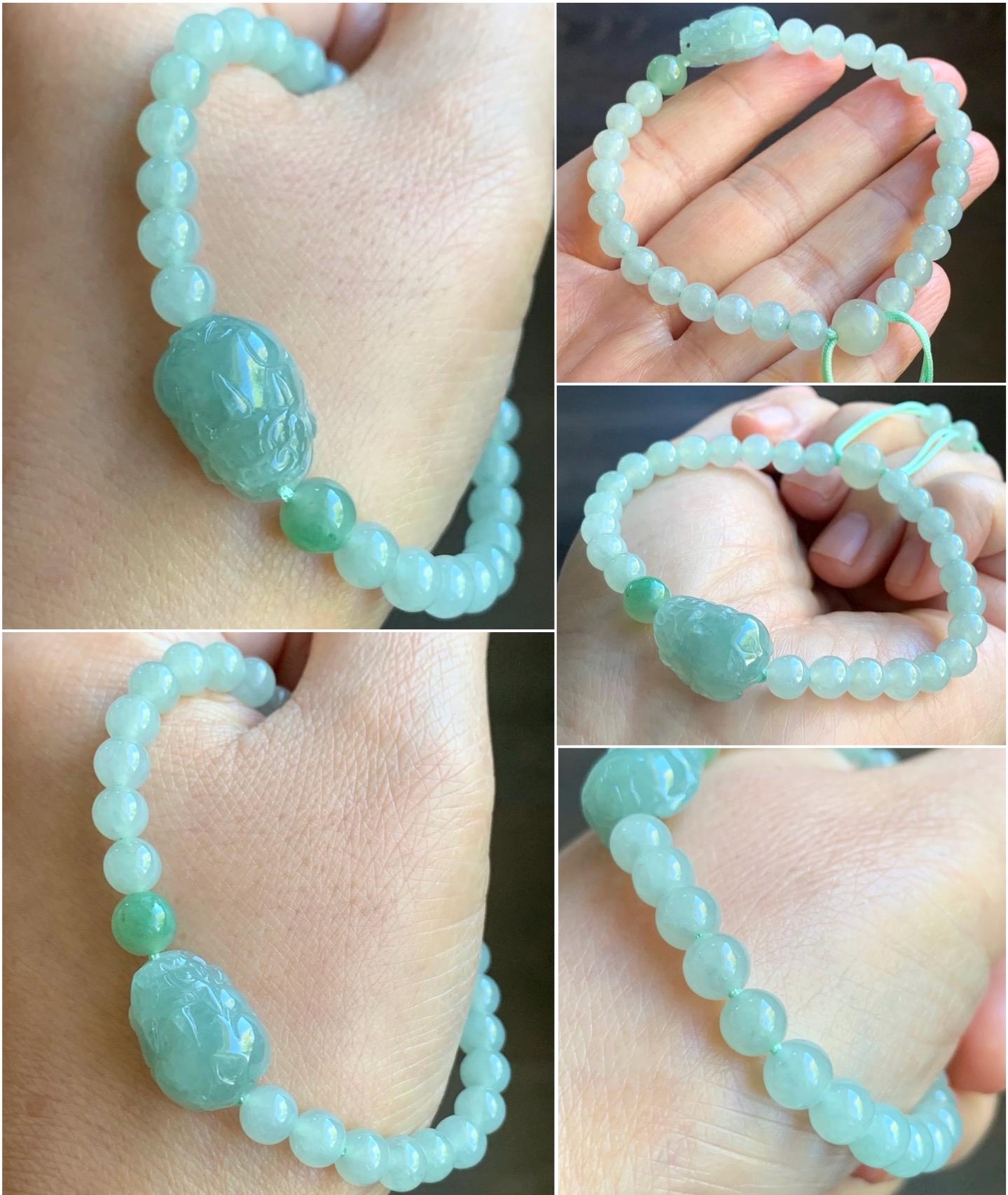 Natural Burmese Icy Translucent Gelatinous Light Green Jadeite Carved Pixiu Beaded Bracelet 6mm 7” 14g 天然缅甸冰胶淡绿翡翠珠貔貅手串
