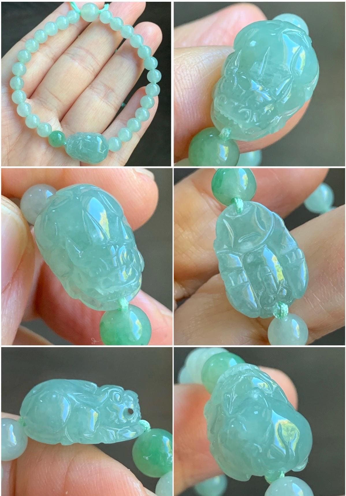 Natural Burmese Icy Translucent Gelatinous Light Green Jadeite Carved Pixiu Beaded Bracelet 6mm 7” 14g 天然缅甸冰胶淡绿翡翠珠貔貅手串