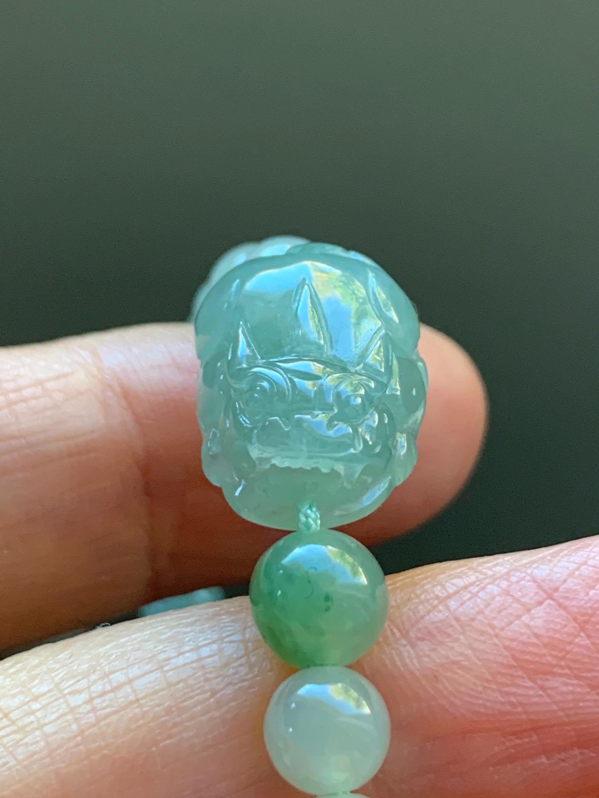 Natural Burmese Icy Translucent Gelatinous Light Green Jadeite Carved Pixiu Beaded Bracelet 6mm 7” 14g 天然缅甸冰胶淡绿翡翠珠貔貅手串