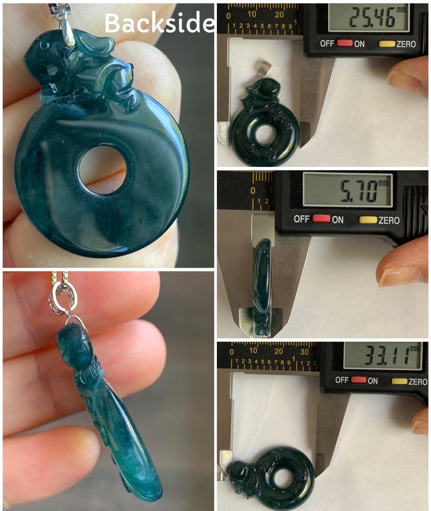 Natural Guatemalan Icy Translucent Dark Teal Blue Jadeite Rabbit Cherry Blossom Ping An Kou Donut Pendant 18K White Gold 天然冰危深蓝翡翠小兔梅花平安扣吊坠
