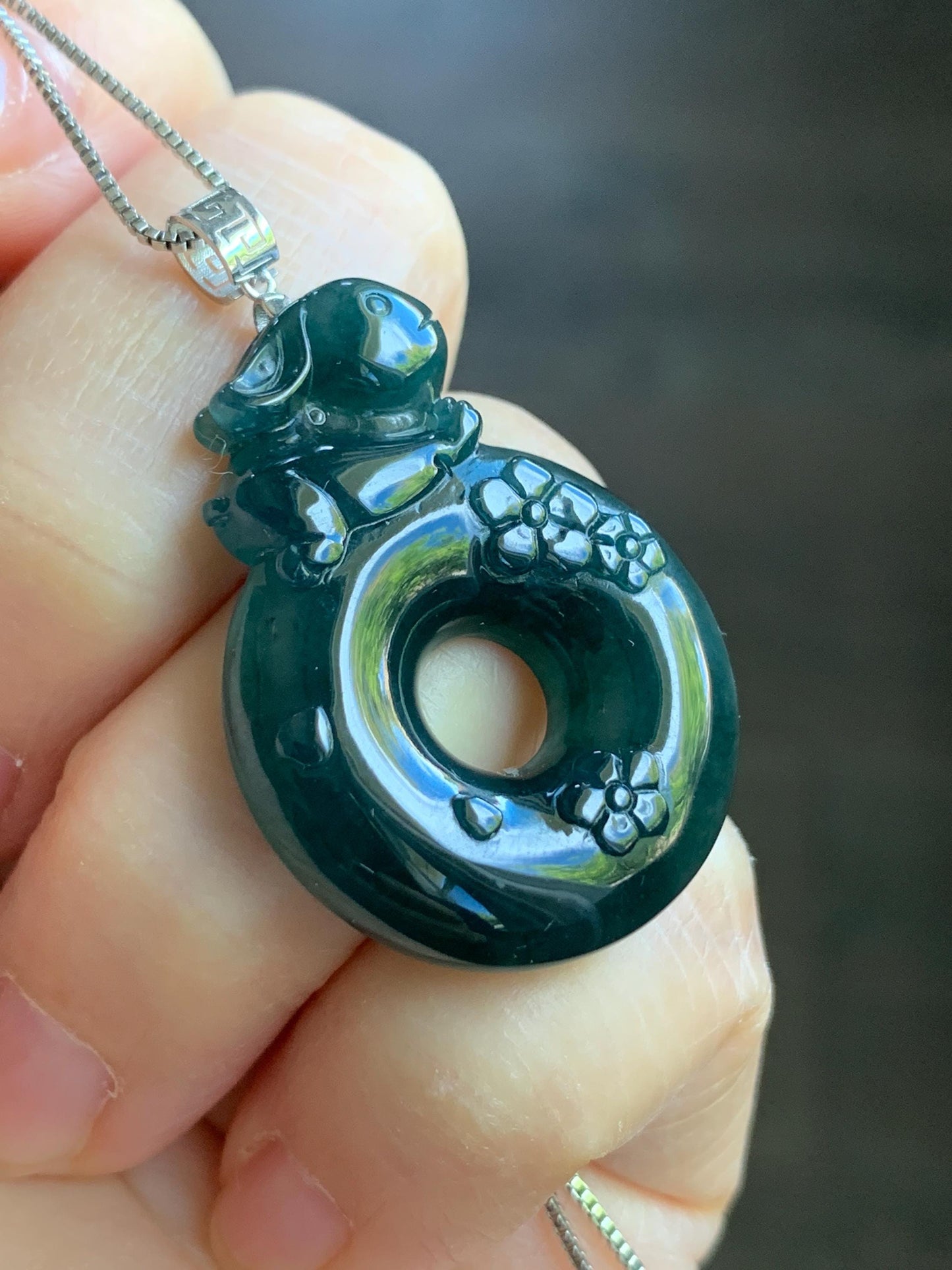 Natural Guatemalan Icy Translucent Dark Teal Blue Jadeite Rabbit Cherry Blossom Ping An Kou Donut Pendant 18K White Gold 天然冰危深蓝翡翠小兔梅花平安扣吊坠