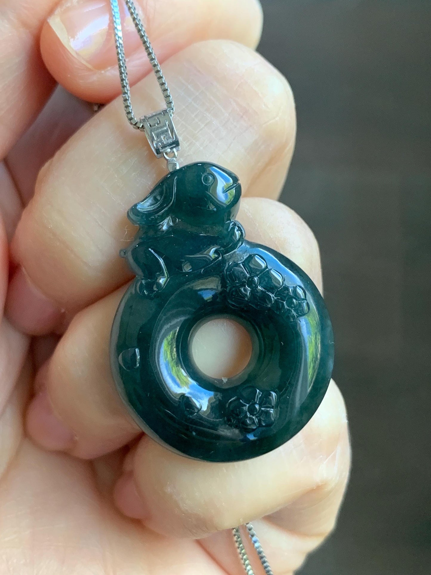 Natural Guatemalan Icy Translucent Dark Teal Blue Jadeite Rabbit Cherry Blossom Ping An Kou Donut Pendant 18K White Gold 天然冰危深蓝翡翠小兔梅花平安扣吊坠