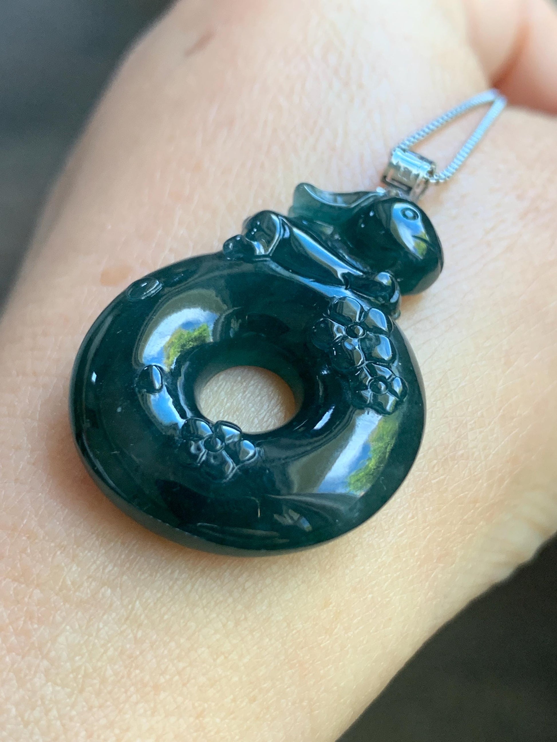 Natural Guatemalan Icy Translucent Dark Teal Blue Jadeite Rabbit Cherry Blossom Ping An Kou Donut Pendant 18K White Gold 天然冰危深蓝翡翠小兔梅花平安扣吊坠
