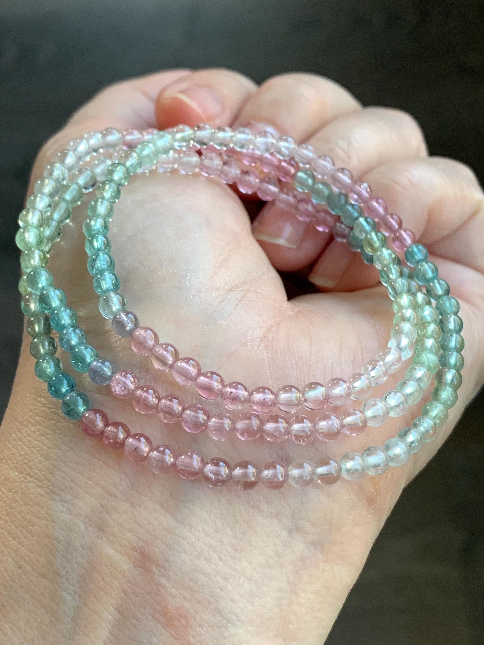 Certified Natural Icy Transparent Macaron Palette Gradient Tourmaline Petite Triple Layered Beaded Bracelets 3.7mm 6.75” 天然起光马卡龙渐变色碧玺手串 9340