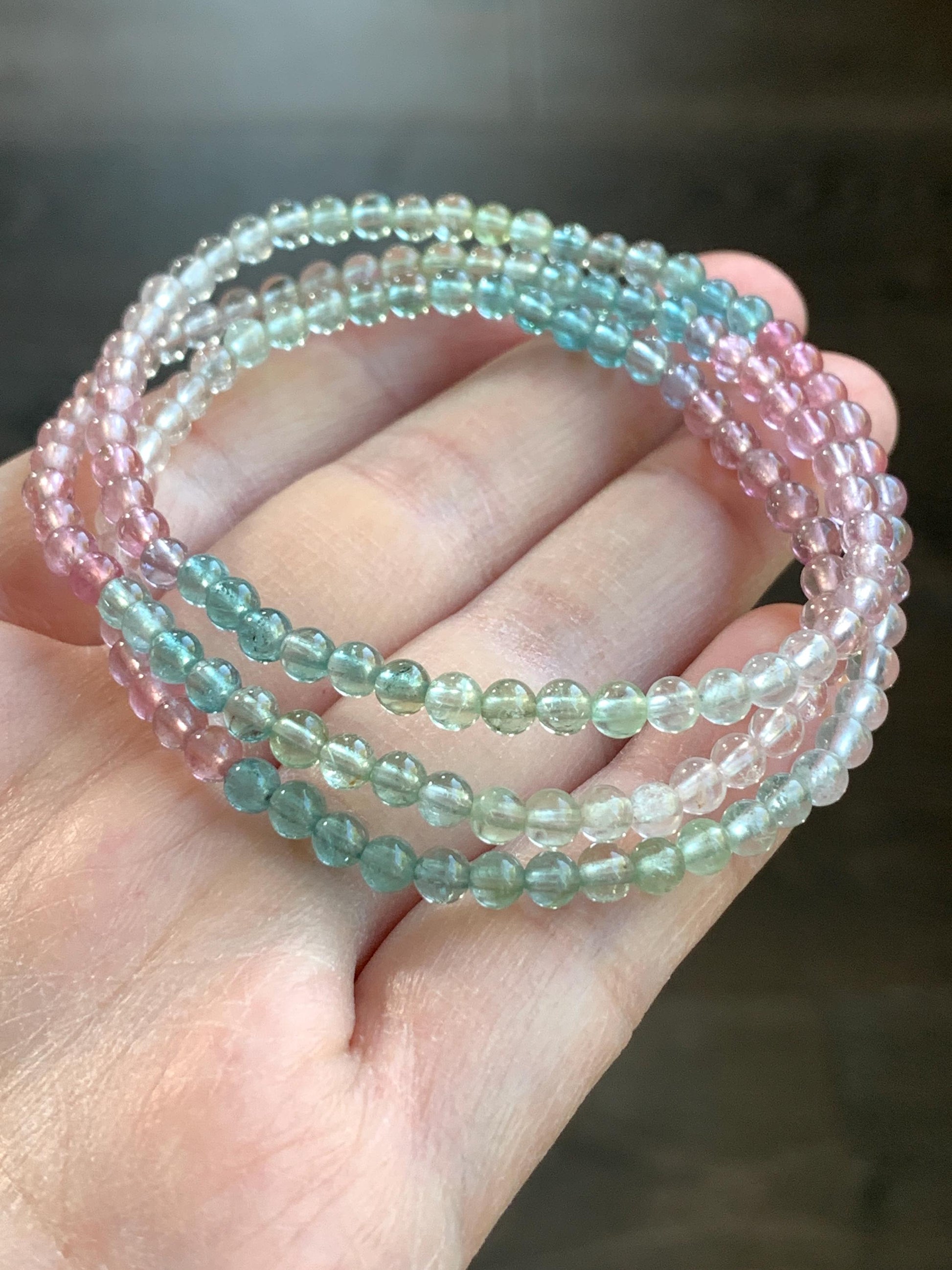 Certified Natural Icy Transparent Macaron Palette Gradient Tourmaline Petite Triple Layered Beaded Bracelets 3.7mm 6.75” 天然起光马卡龙渐变色碧玺手串 9340