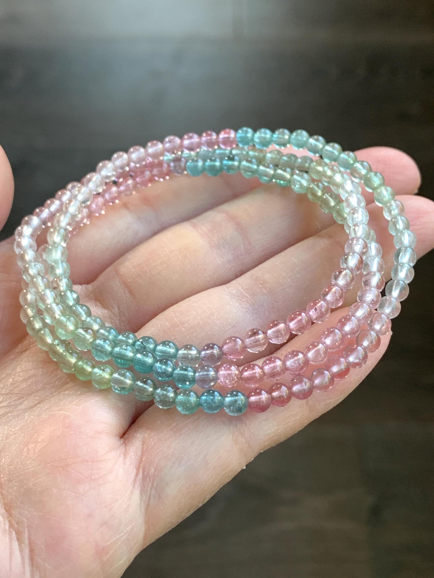 Certified Natural Icy Transparent Macaron Palette Gradient Tourmaline Petite Triple Layered Beaded Bracelets 3.7mm 6.75” 天然起光马卡龙渐变色碧玺手串 9340