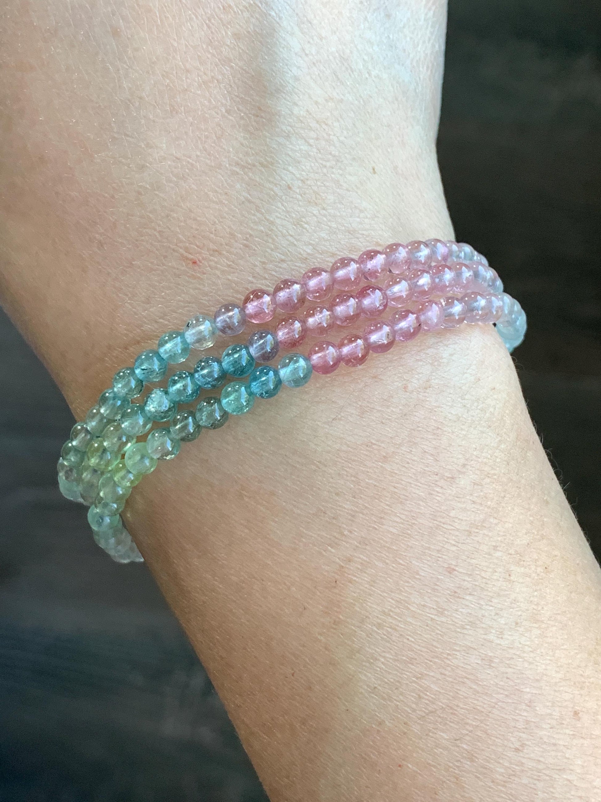 Certified Natural Icy Transparent Macaron Palette Gradient Tourmaline Petite Triple Layered Beaded Bracelets 3.7mm 6.75” 天然起光马卡龙渐变色碧玺手串 9340