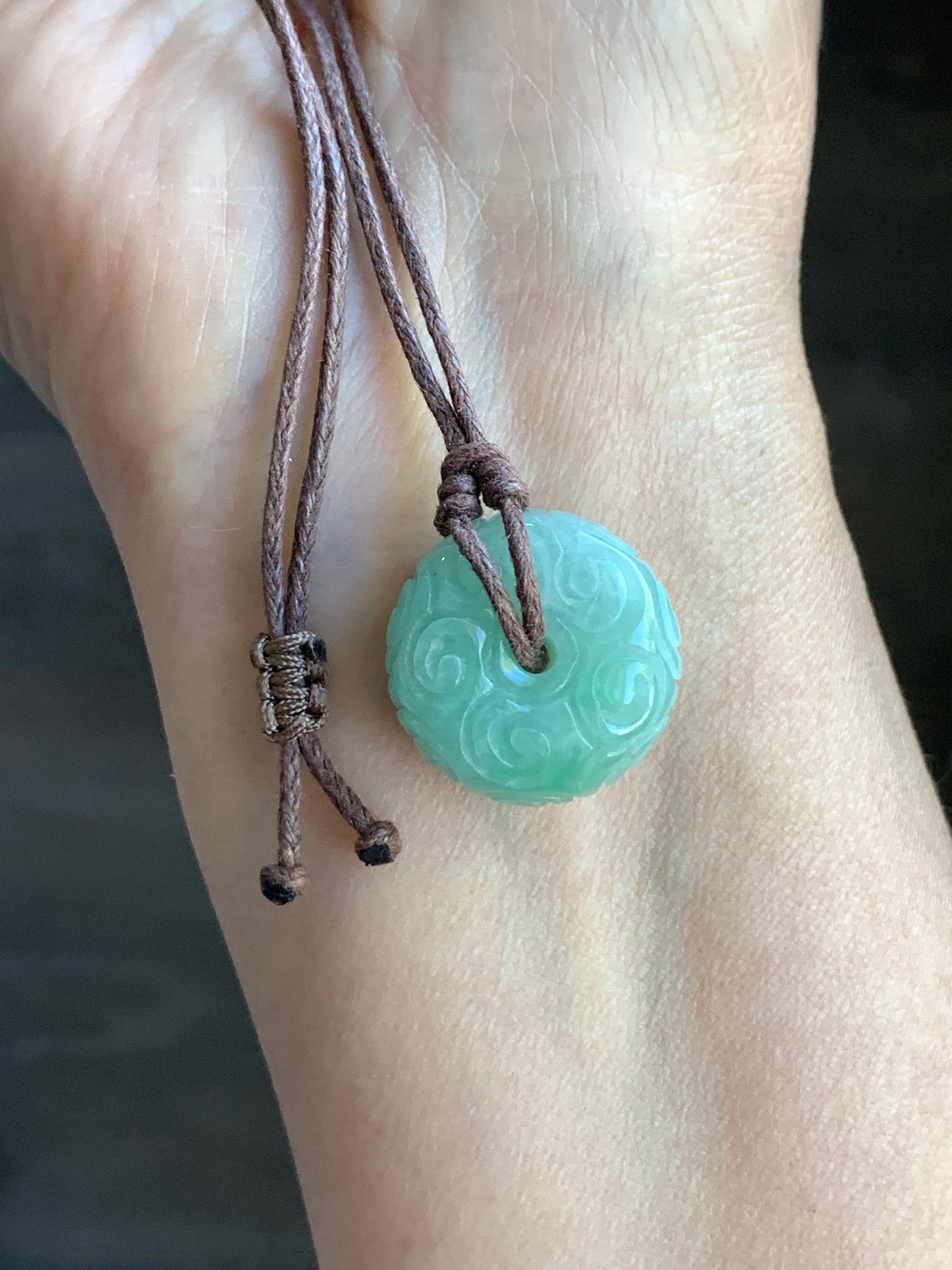 Natural Burmese Icy Translucent Light Green Jadeite Engraved Thick Ping An Kou Donut Pendant Rope Necklace 25" Adjustable 天然缅甸冰晴翡翠仿古雕平安扣吊坠 A