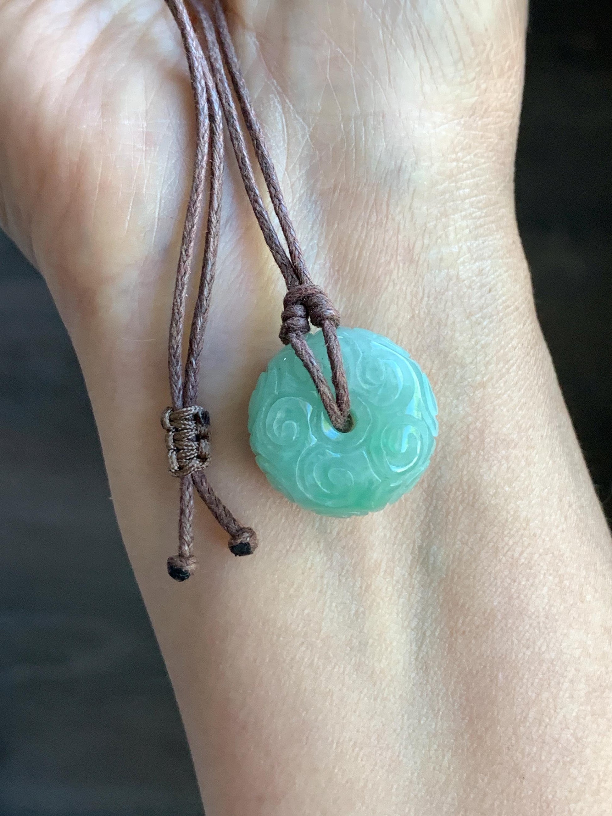 Natural Burmese Icy Translucent Light Green Jadeite Engraved Thick Ping An Kou Donut Pendant Rope Necklace 25" Adjustable 天然缅甸冰晴翡翠仿古雕平安扣吊坠 A