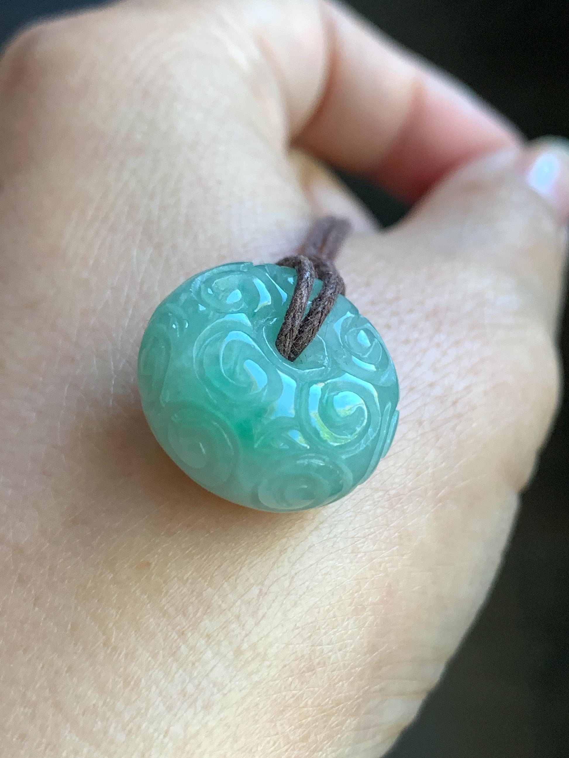 Natural Burmese Icy Translucent Light Green Jadeite Engraved Thick Ping An Kou Donut Pendant Rope Necklace 25" Adjustable 天然缅甸冰晴翡翠仿古雕平安扣吊坠 A