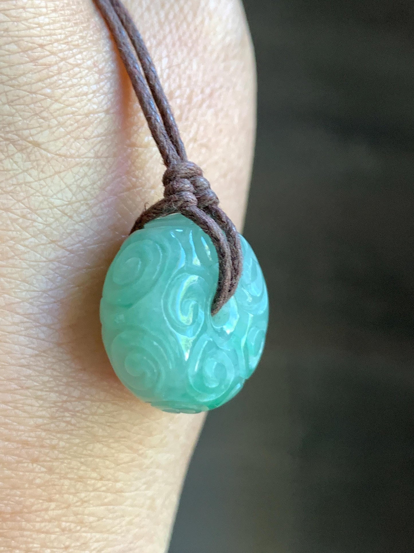 Natural Burmese Icy Translucent Light Green Jadeite Engraved Thick Ping An Kou Donut Pendant Rope Necklace 25" Adjustable 天然缅甸冰晴翡翠仿古雕平安扣吊坠 A