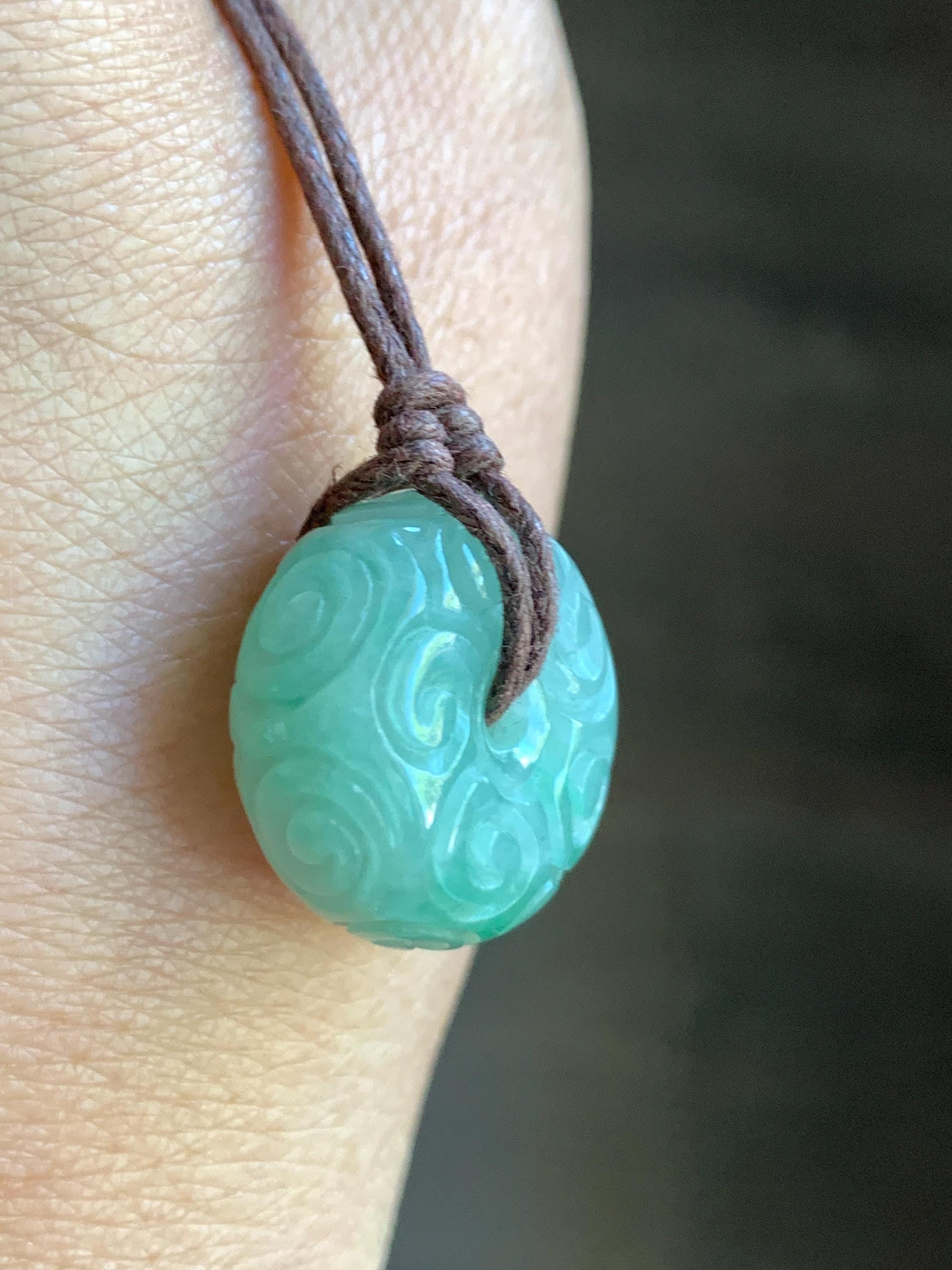 Natural Burmese Icy Translucent Light Green Jadeite Engraved Thick Ping An Kou Donut Pendant Rope Necklace 25" Adjustable 天然缅甸冰晴翡翠仿古雕平安扣吊坠 A