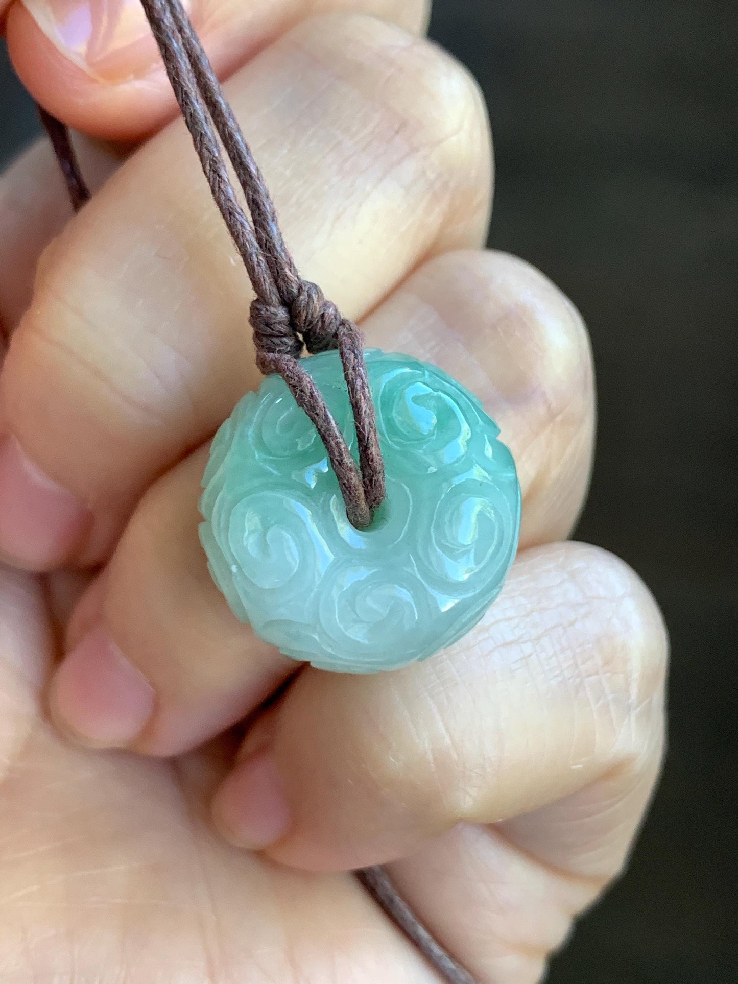 Natural Burmese Icy Translucent Light Green Jadeite Engraved Thick Ping An Kou Donut Pendant Rope Necklace 25" Adjustable 天然缅甸冰晴翡翠仿古雕平安扣吊坠 A